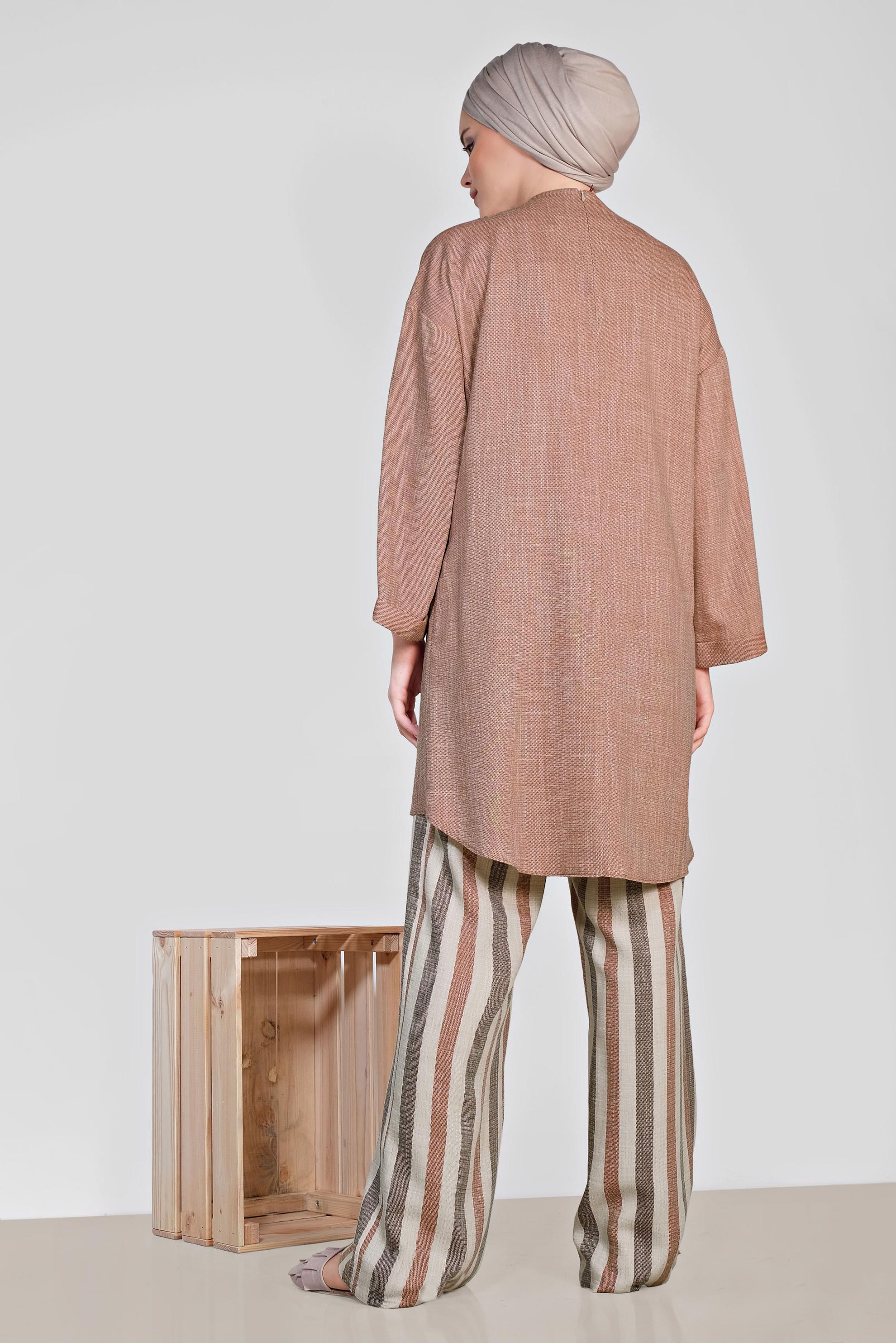 Tesettür giyim TURUNCU ASİMETRİK KESİM ÇİZGİLİ İKİLİ PANT.TAKIM 4345