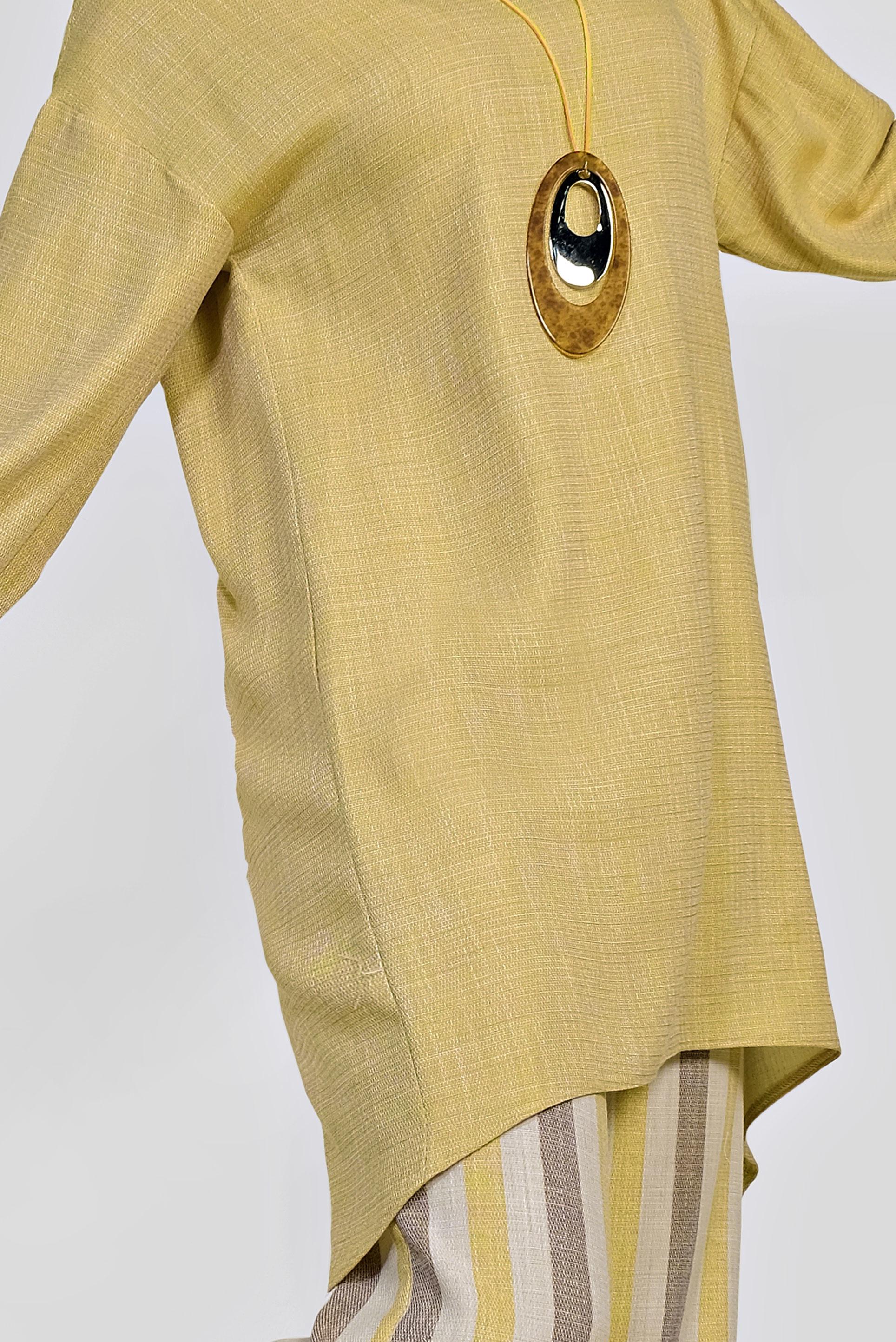 Tesettür giyim SARI ASİMETRİK KESİM ÇİZGİLİ İKİLİ PANT.TAKIM 4345