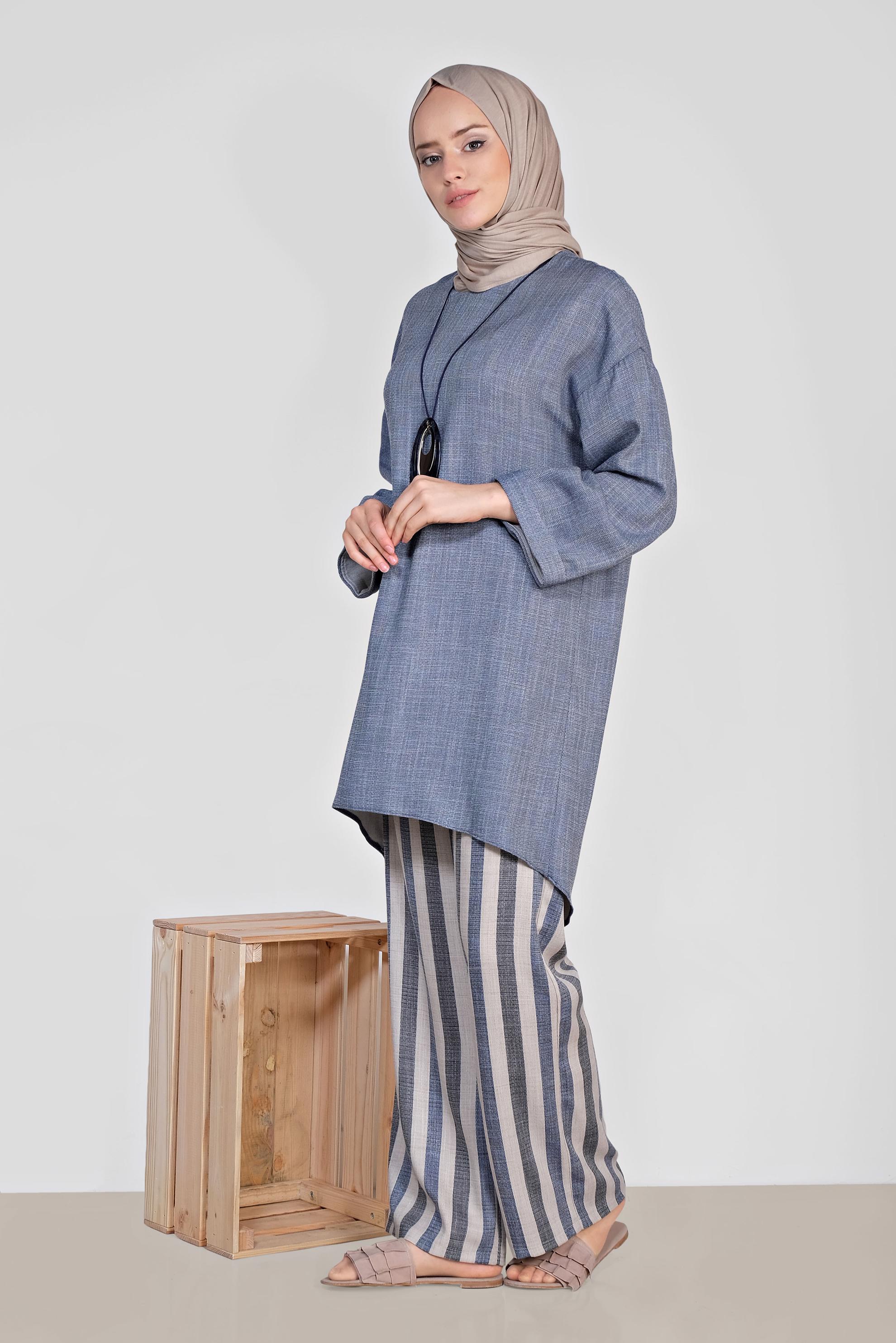 Tesettür giyim LACİVERT ASİMETRİK KESİM ÇİZGİLİ İKİLİ PANT.TAKIM 4345