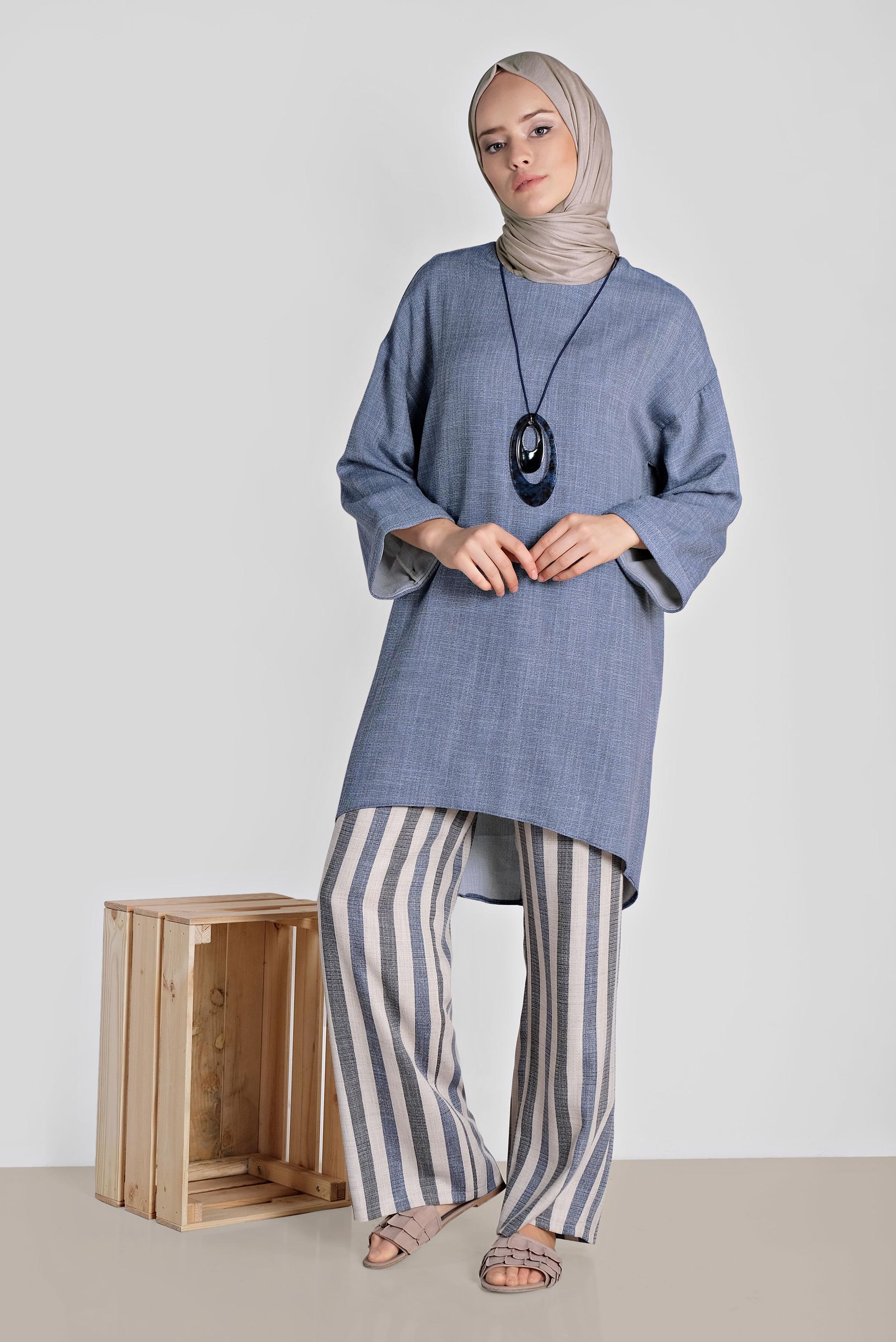 Tesettür giyim LACİVERT ASİMETRİK KESİM ÇİZGİLİ İKİLİ PANT.TAKIM 4345
