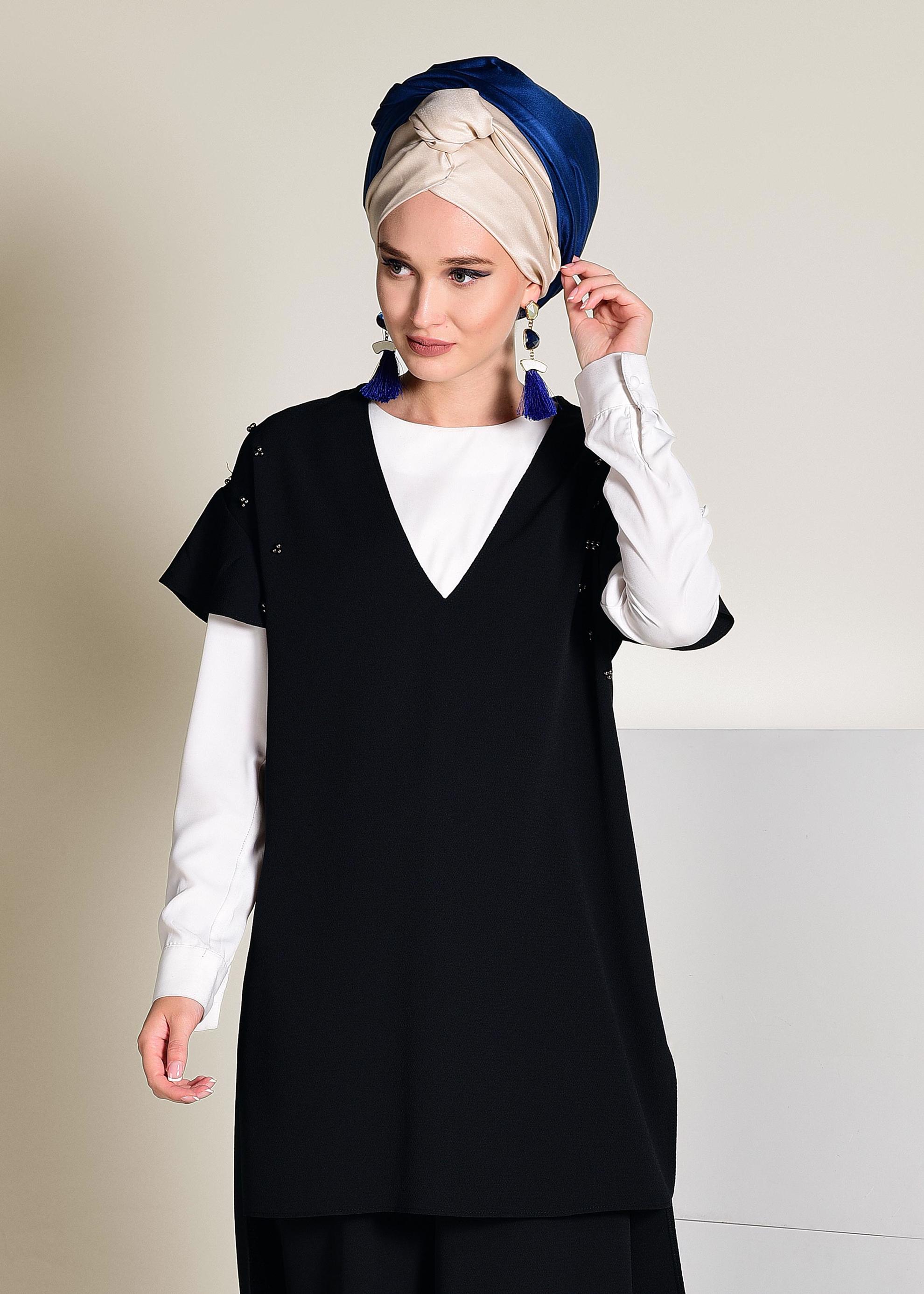 Tesettür giyim SİYAH BONCUK DETAYLI 2&prime;Lİ PANTOLONLU TAKIM 4352