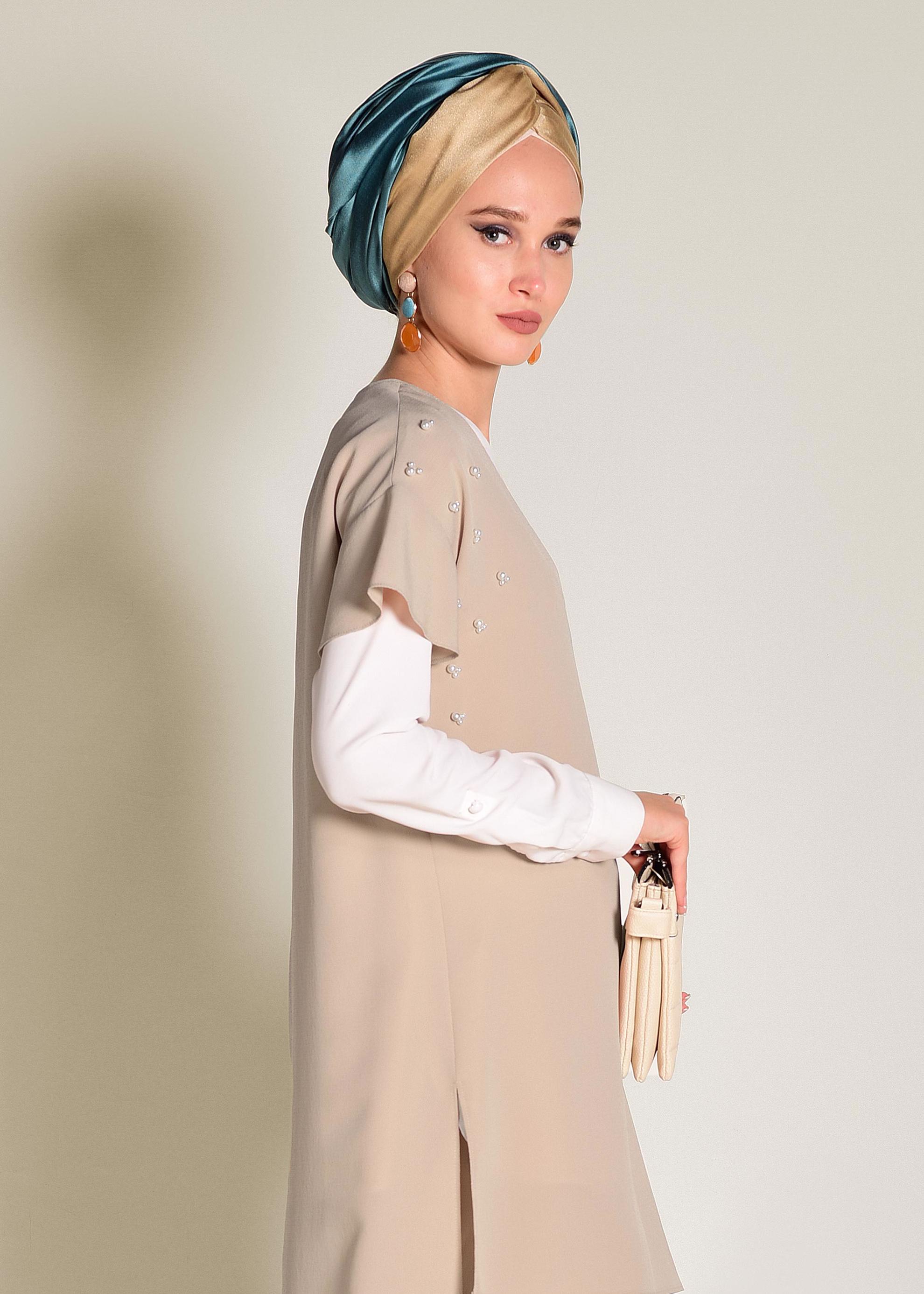 Tesettür giyim BEJ BONCUK DETAYLI 2&prime;Lİ PANTOLONLU TAKIM 4352