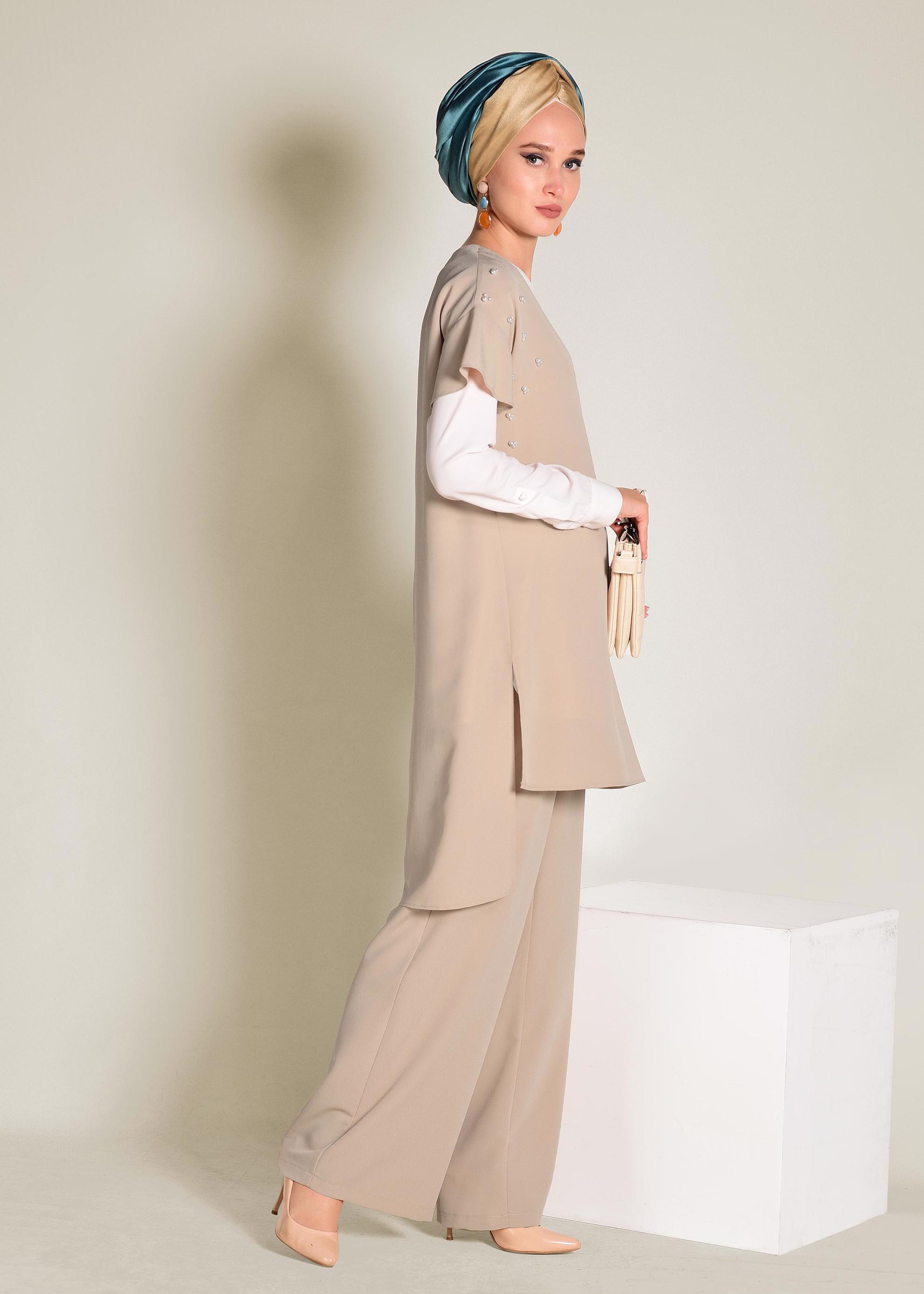 Tesettür giyim BEJ BONCUK DETAYLI 2&prime;Lİ PANTOLONLU TAKIM 4352