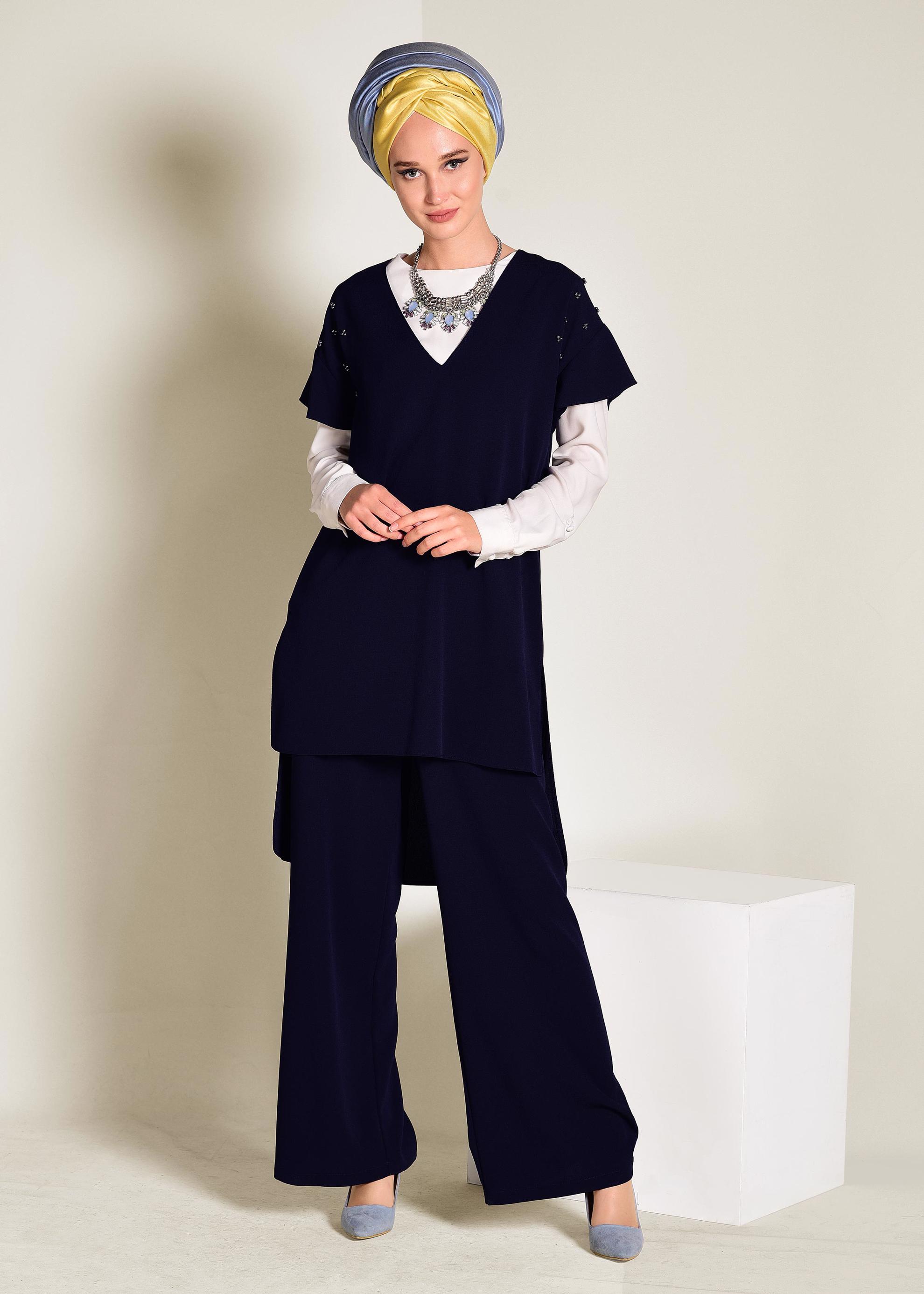 Tesettür giyim LACİVERT BONCUK DETAYLI 2&prime;Lİ PANTOLONLU TAKIM 4352