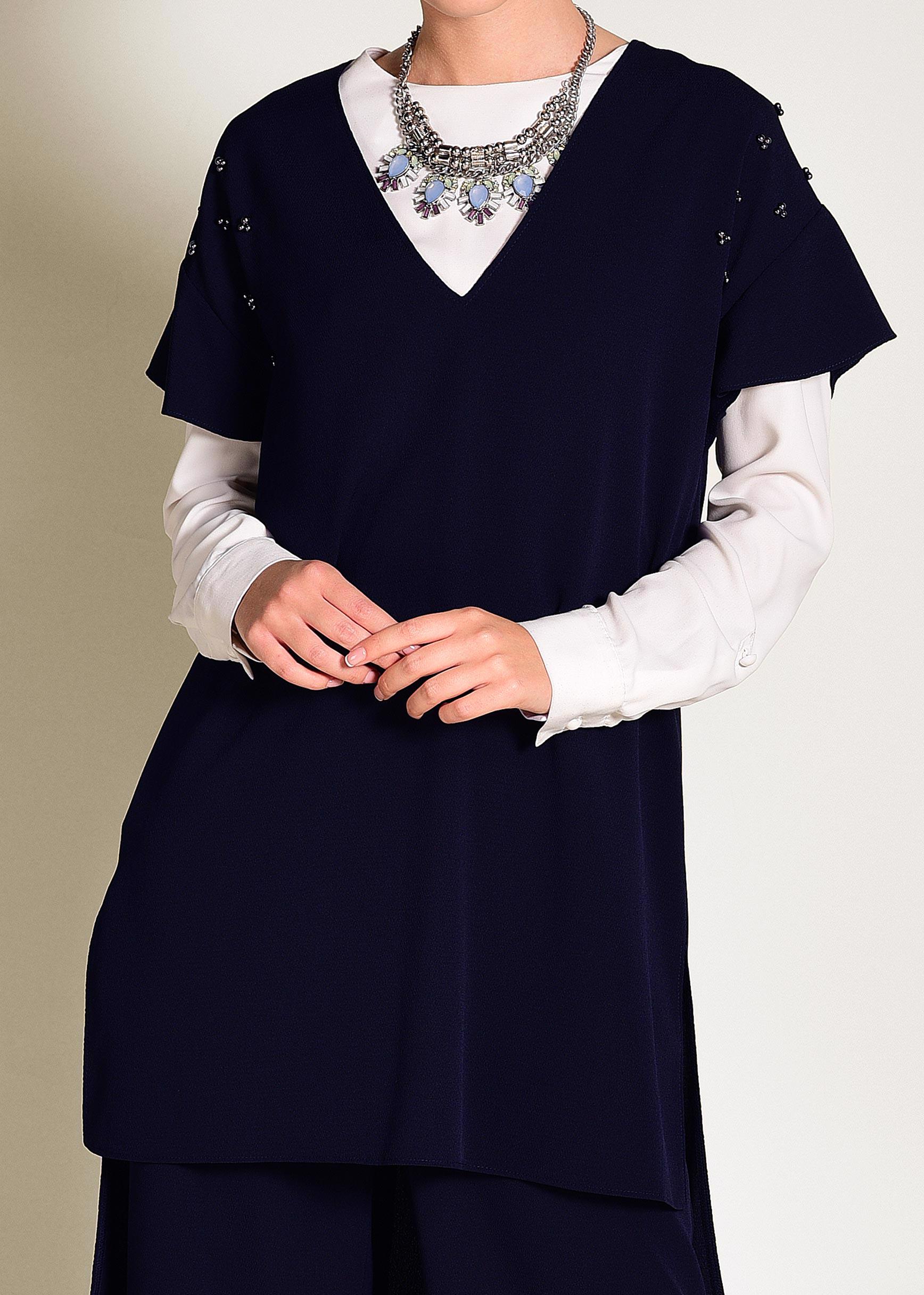 Tesettür giyim LACİVERT BONCUK DETAYLI 2&prime;Lİ PANTOLONLU TAKIM 4352