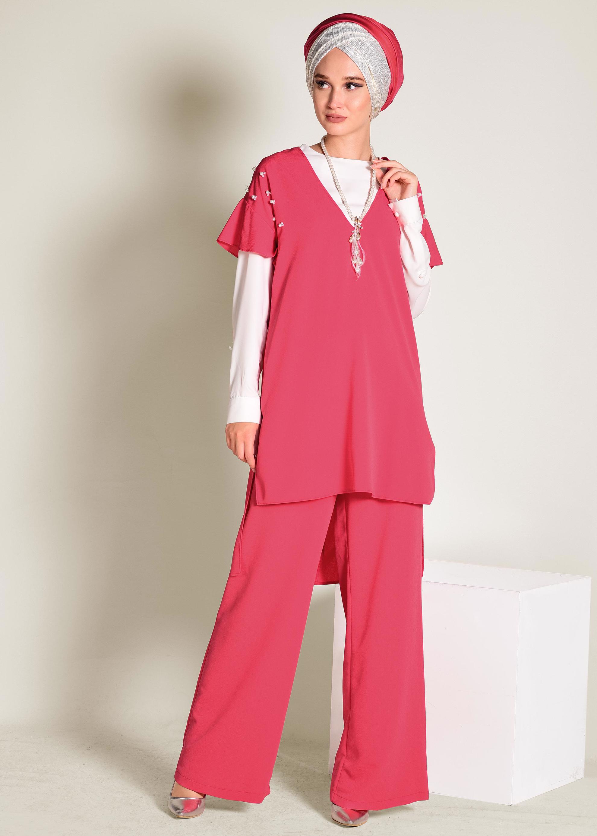 Tesettür giyim MERCAN BONCUK DETAYLI 2&prime;Lİ PANTOLONLU TAKIM 4352