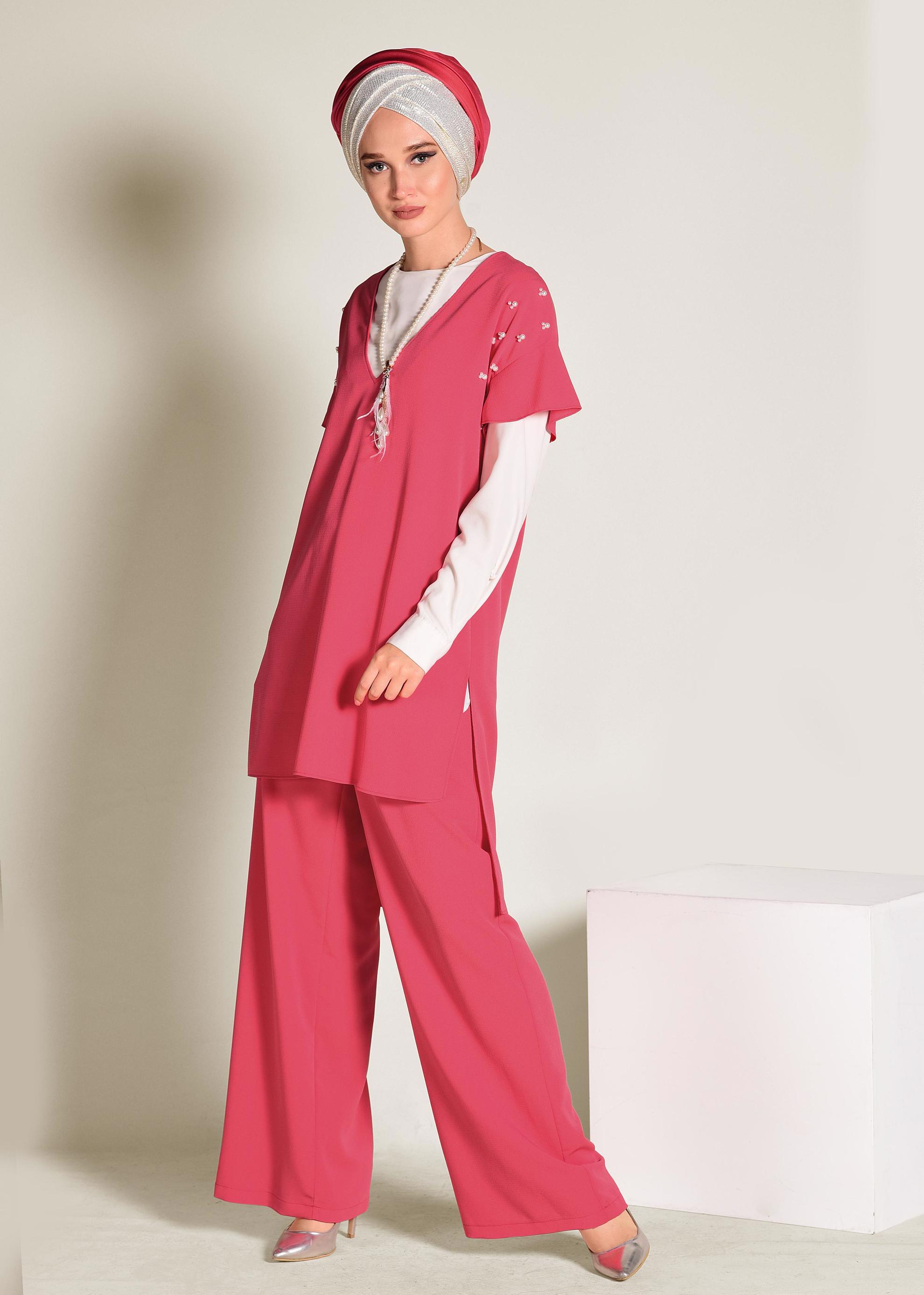 Tesettür giyim MERCAN BONCUK DETAYLI 2&prime;Lİ PANTOLONLU TAKIM 4352