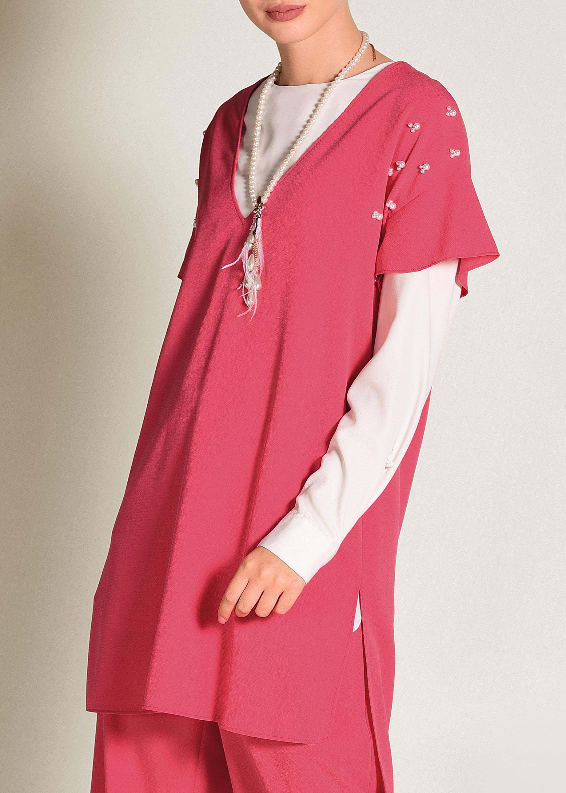 Tesettür giyim MERCAN BONCUK DETAYLI 2&prime;Lİ PANTOLONLU TAKIM 4352