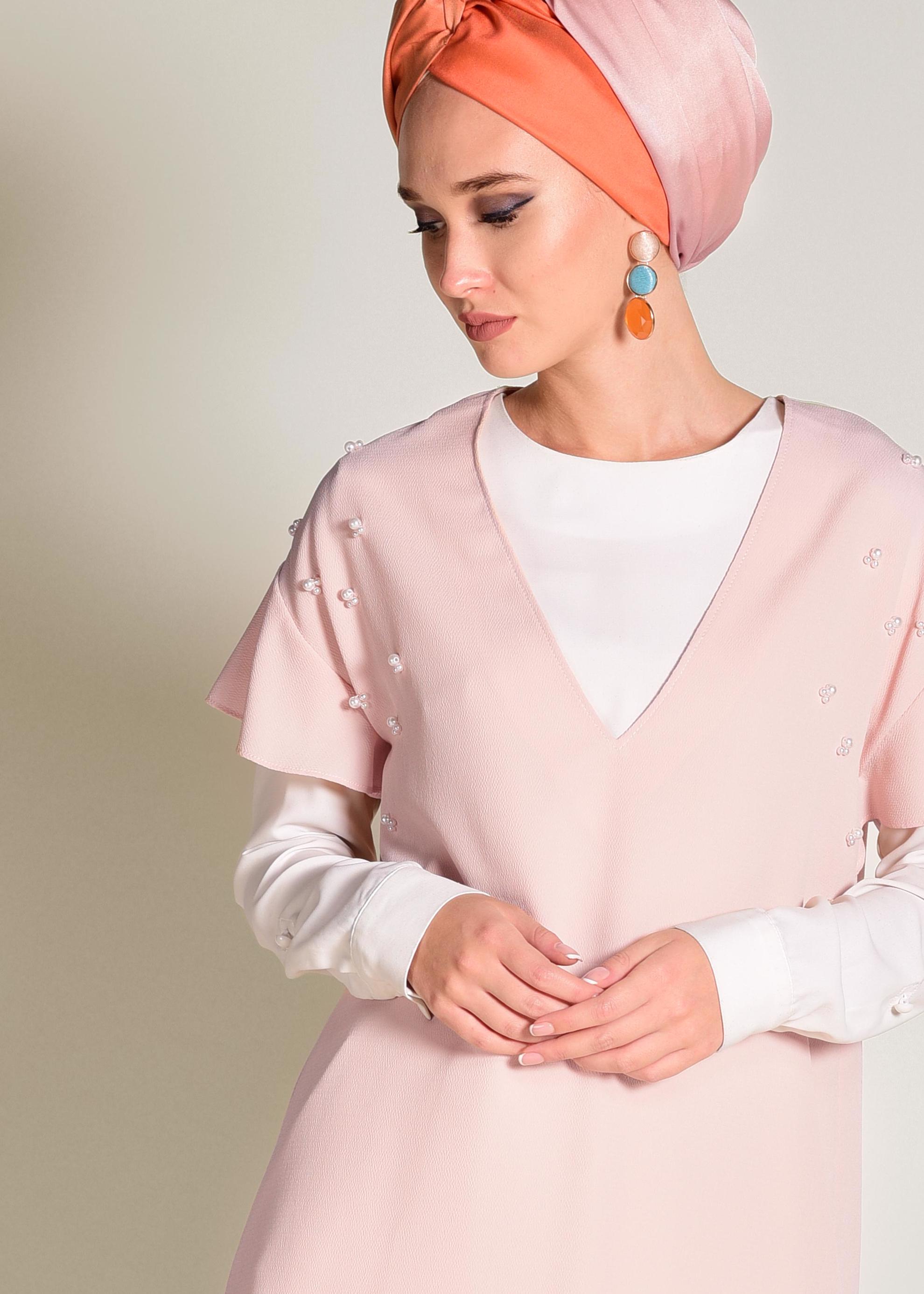 Tesettür giyim PUDRA BONCUK DETAYLI 2&prime;Lİ PANTOLONLU TAKIM 4352