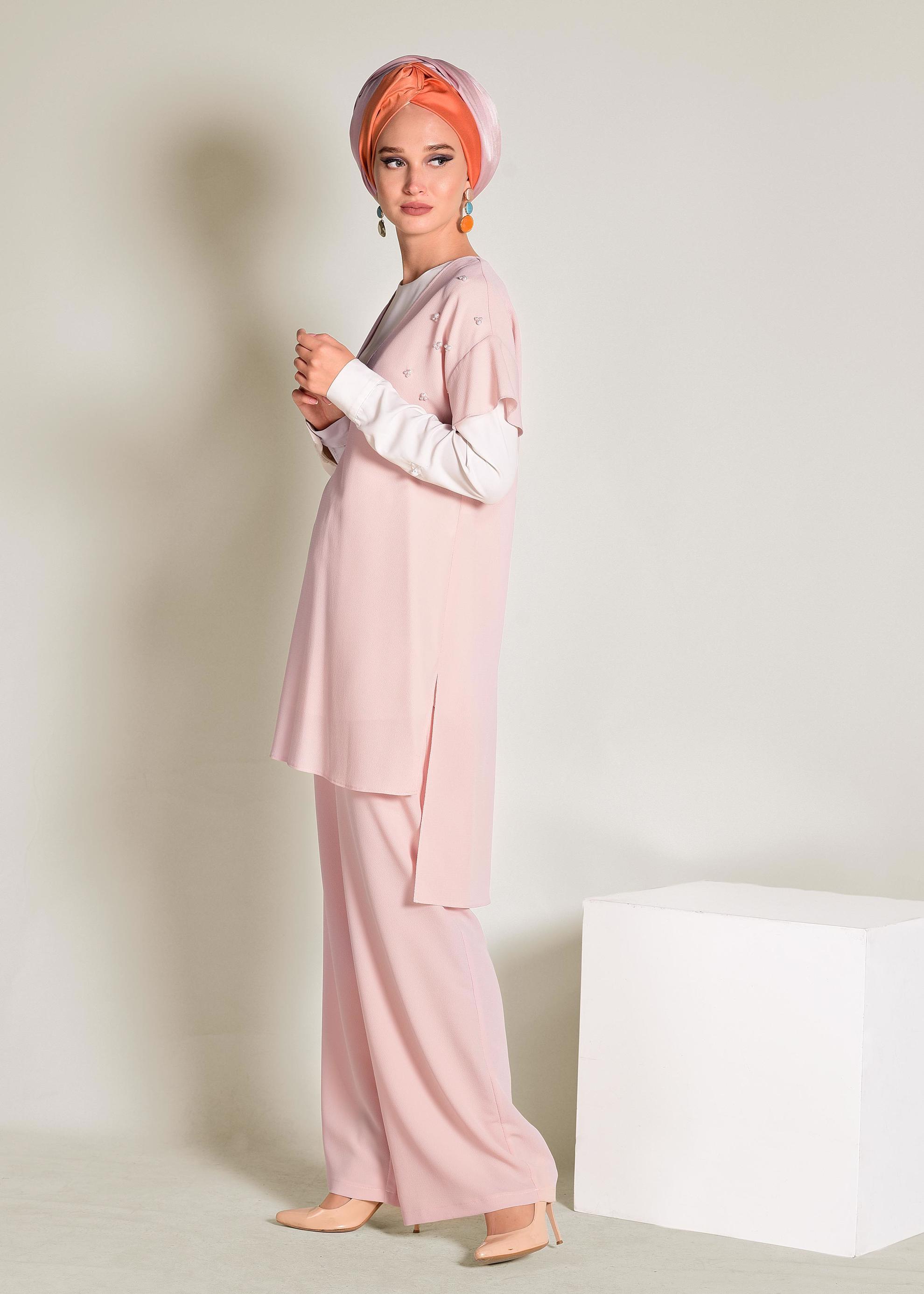 Tesettür giyim PUDRA BONCUK DETAYLI 2&prime;Lİ PANTOLONLU TAKIM 4352