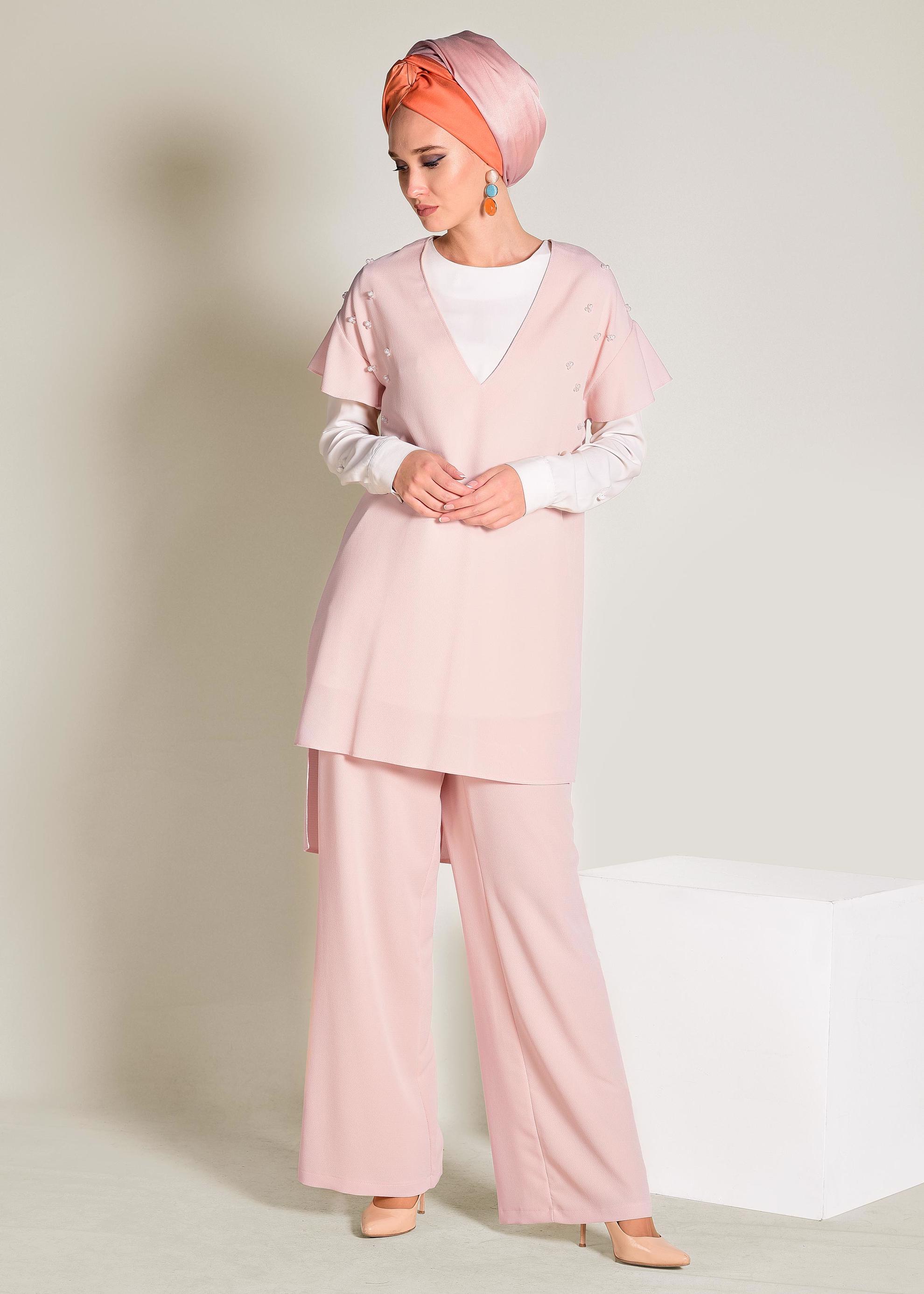Tesettür giyim PUDRA BONCUK DETAYLI 2&prime;Lİ PANTOLONLU TAKIM 4352