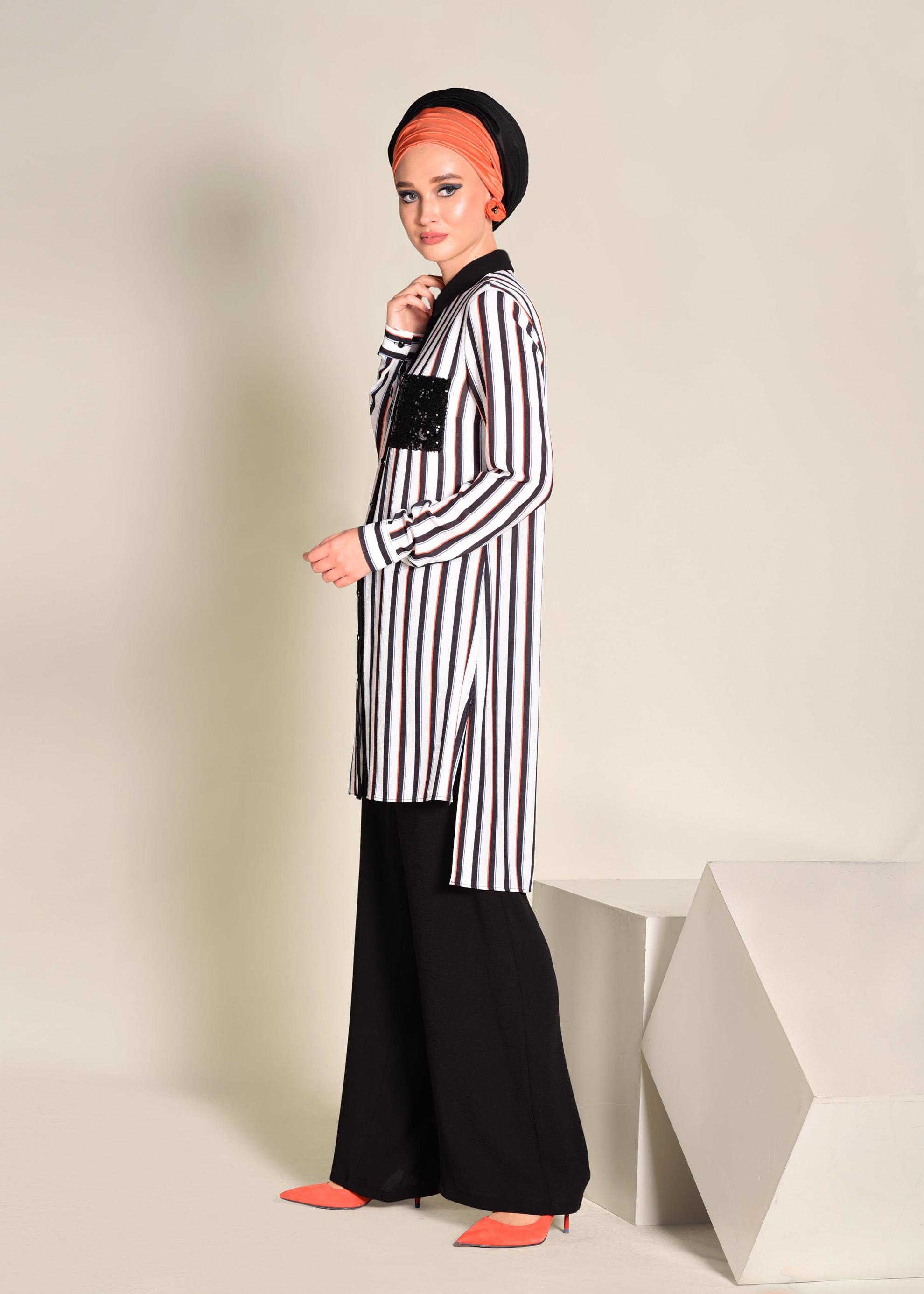 Tesettür giyim SİYAH CEBİ PUL PAYETLİ ÇİZGİLİ PANTOLONLU TAKIM 4354