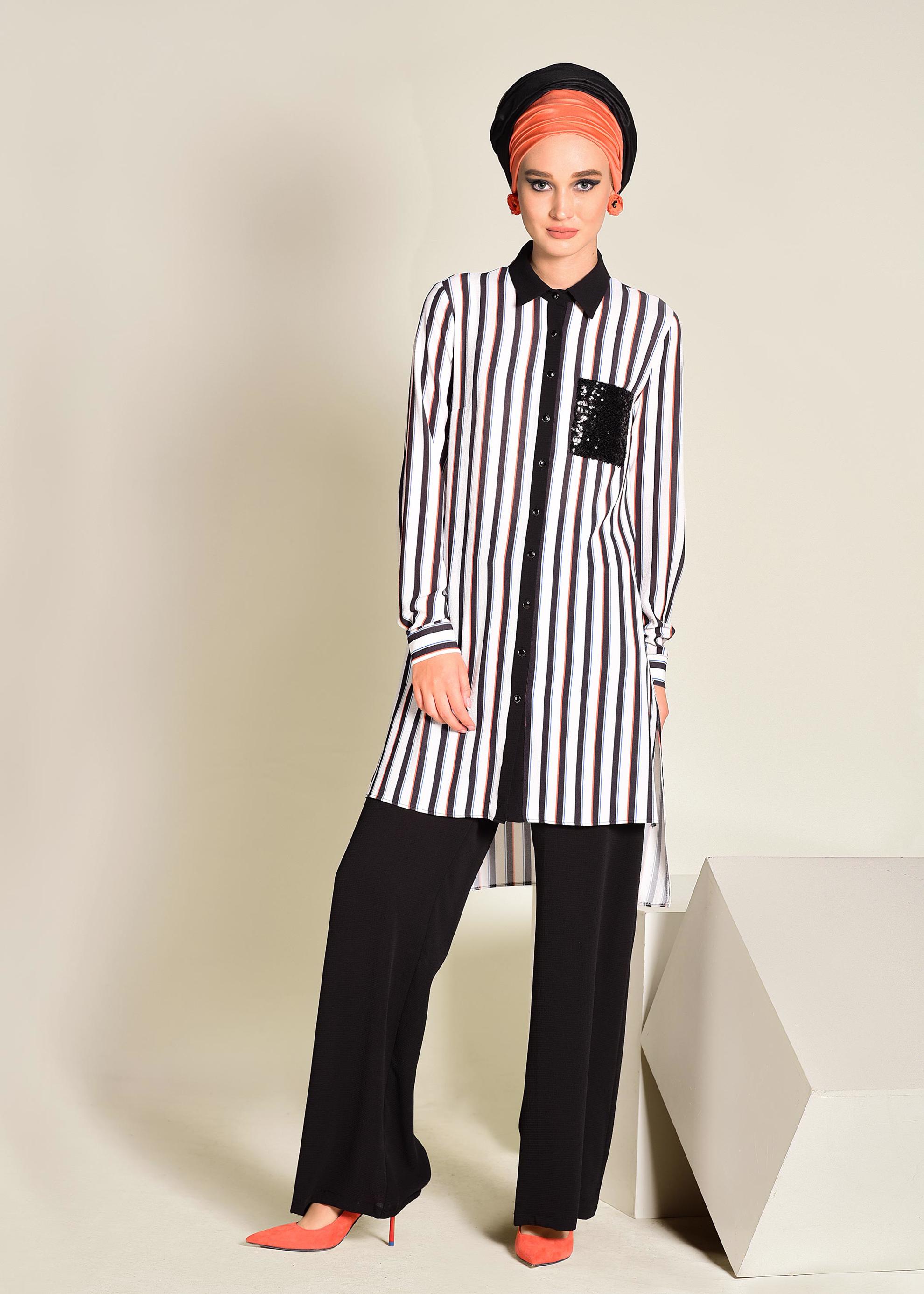 Tesettür giyim SİYAH CEBİ PUL PAYETLİ ÇİZGİLİ PANTOLONLU TAKIM 4354