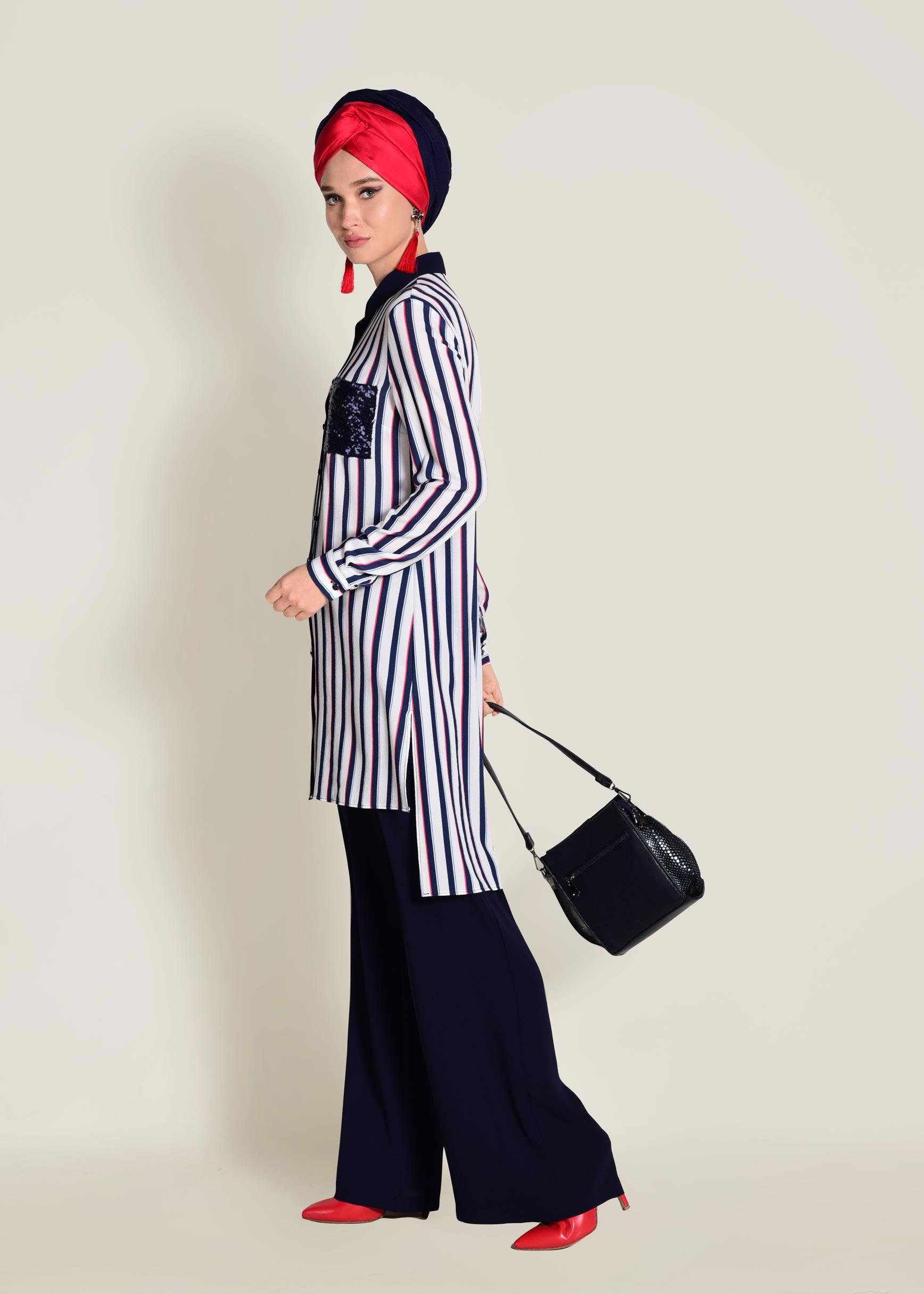 Tesettür giyim LACİVERT CEBİ PUL PAYETLİ ÇİZGİLİ PANTOLONLU TAKIM 4354