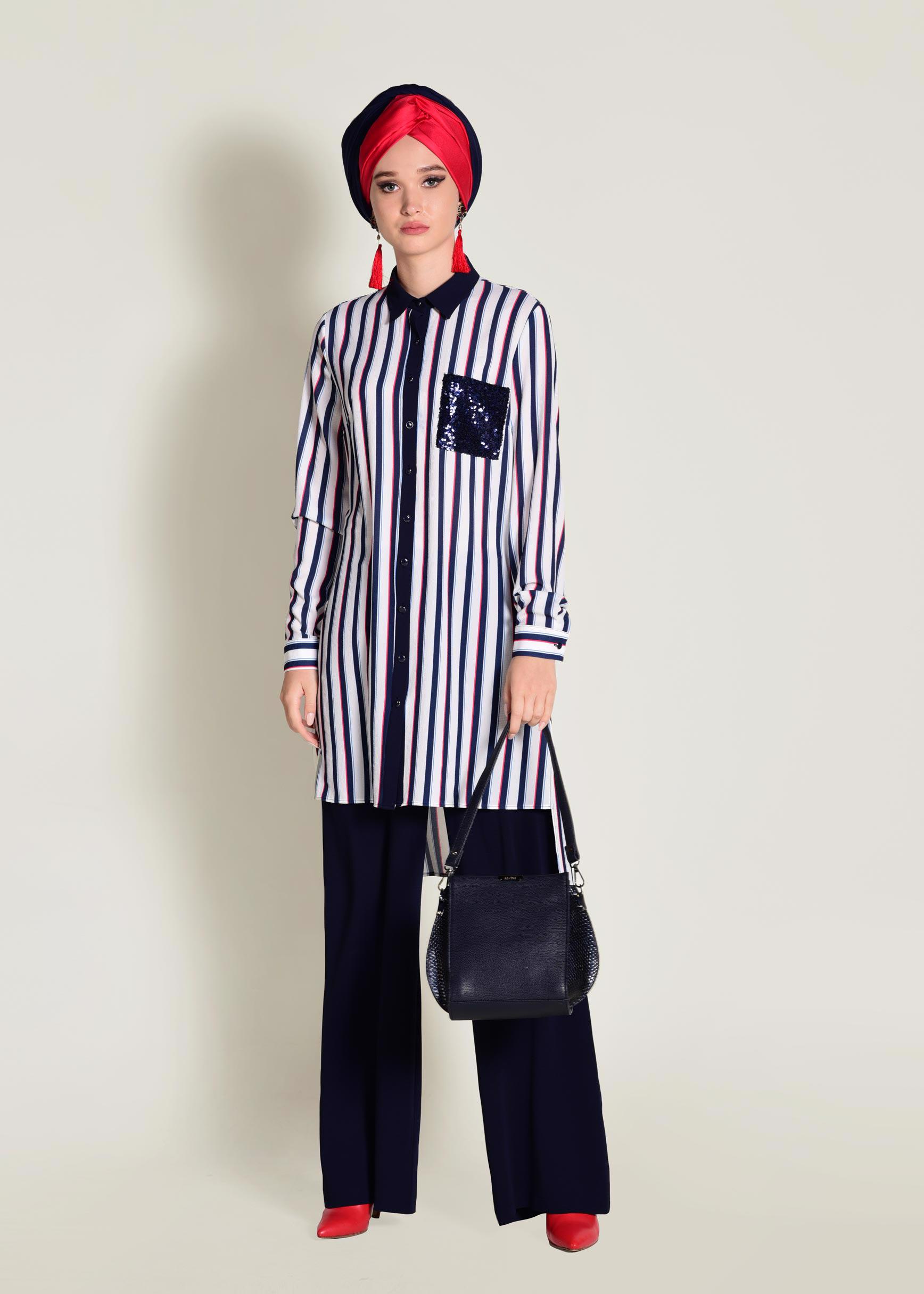 Tesettür giyim LACİVERT CEBİ PUL PAYETLİ ÇİZGİLİ PANTOLONLU TAKIM 4354