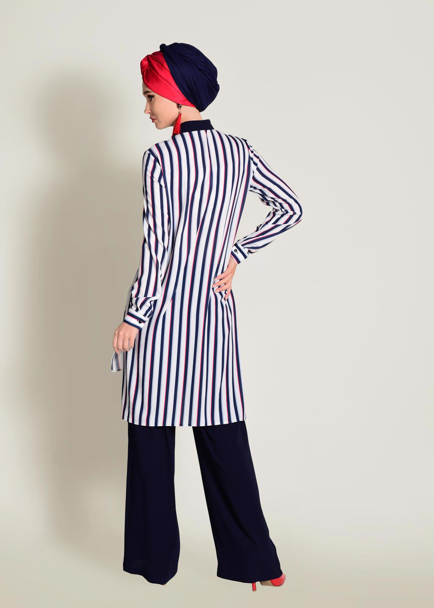 Tesettür giyim LACİVERT CEBİ PUL PAYETLİ ÇİZGİLİ PANTOLONLU TAKIM 4354