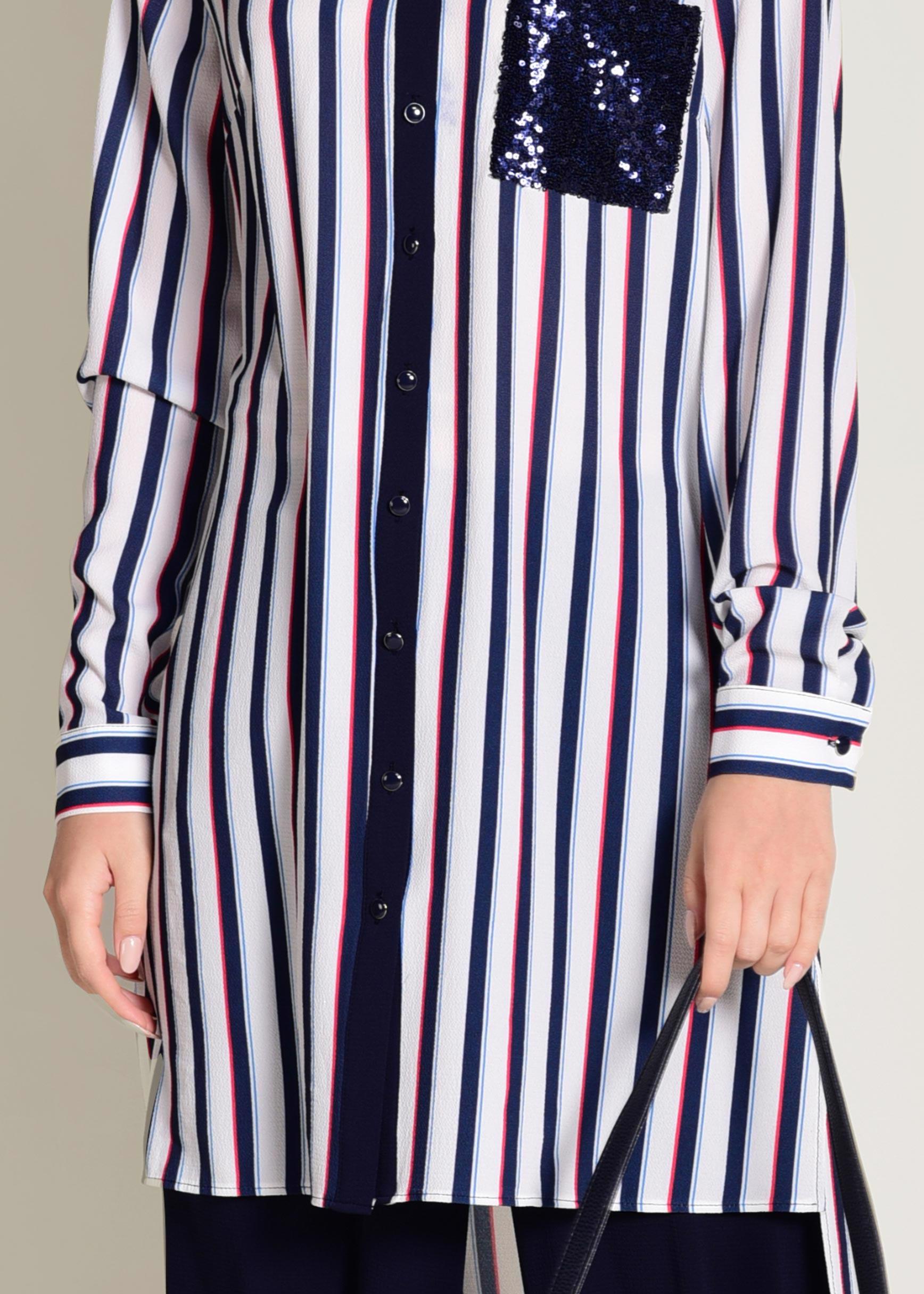 Tesettür giyim LACİVERT CEBİ PUL PAYETLİ ÇİZGİLİ PANTOLONLU TAKIM 4354