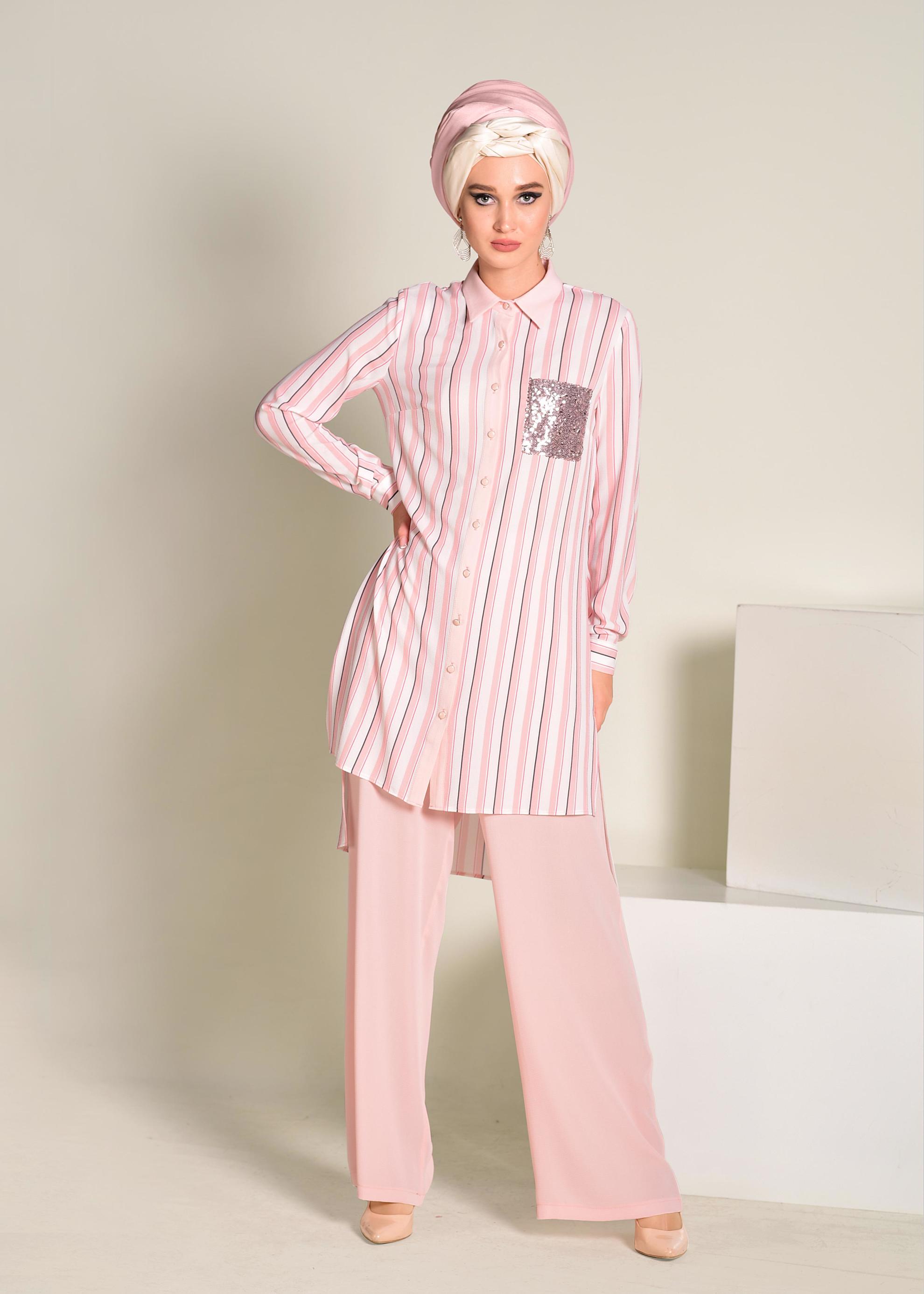 Tesettür giyim PUDRA CEBİ PUL PAYETLİ ÇİZGİLİ PANTOLONLU TAKIM 4354