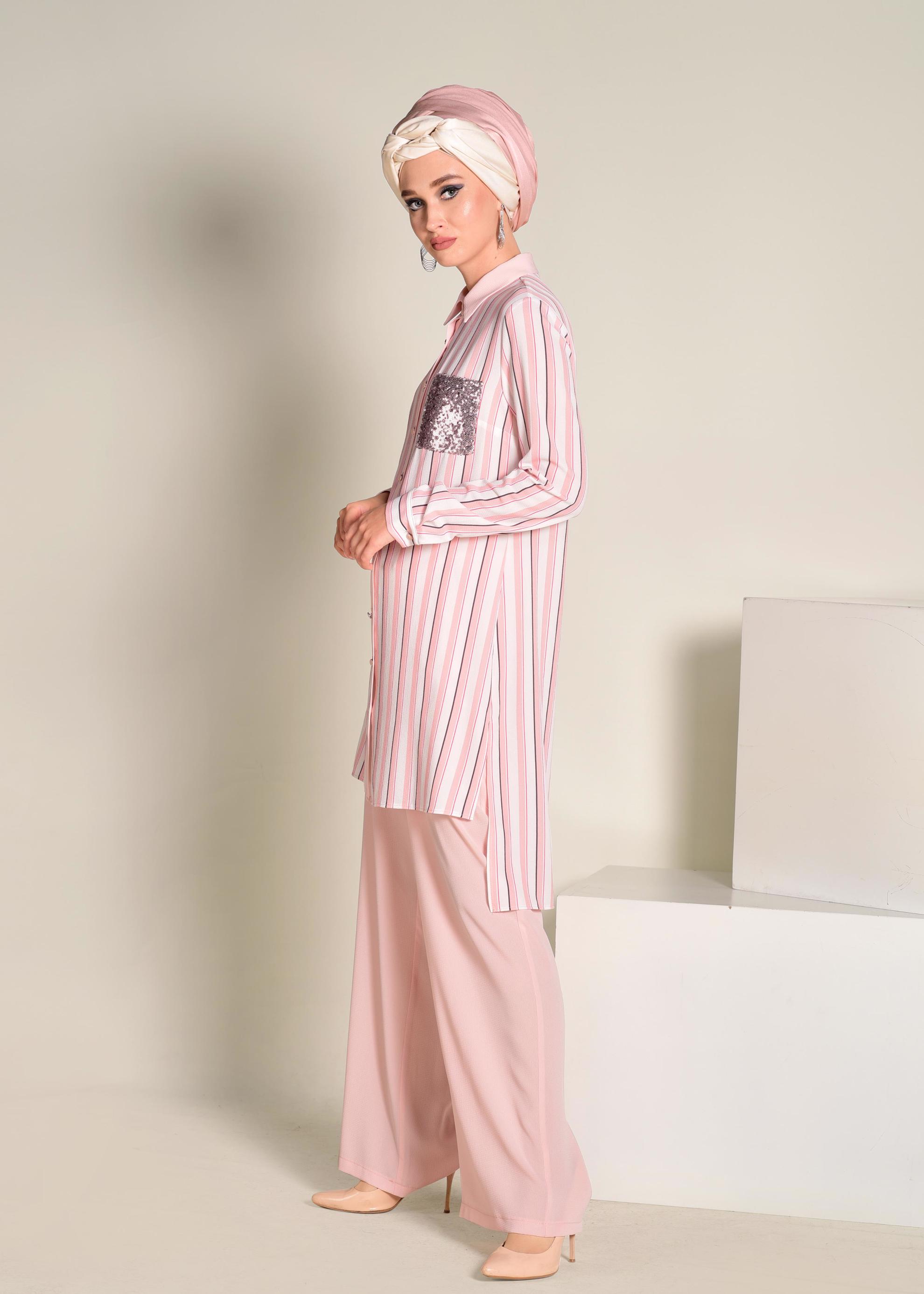 Tesettür giyim PUDRA CEBİ PUL PAYETLİ ÇİZGİLİ PANTOLONLU TAKIM 4354