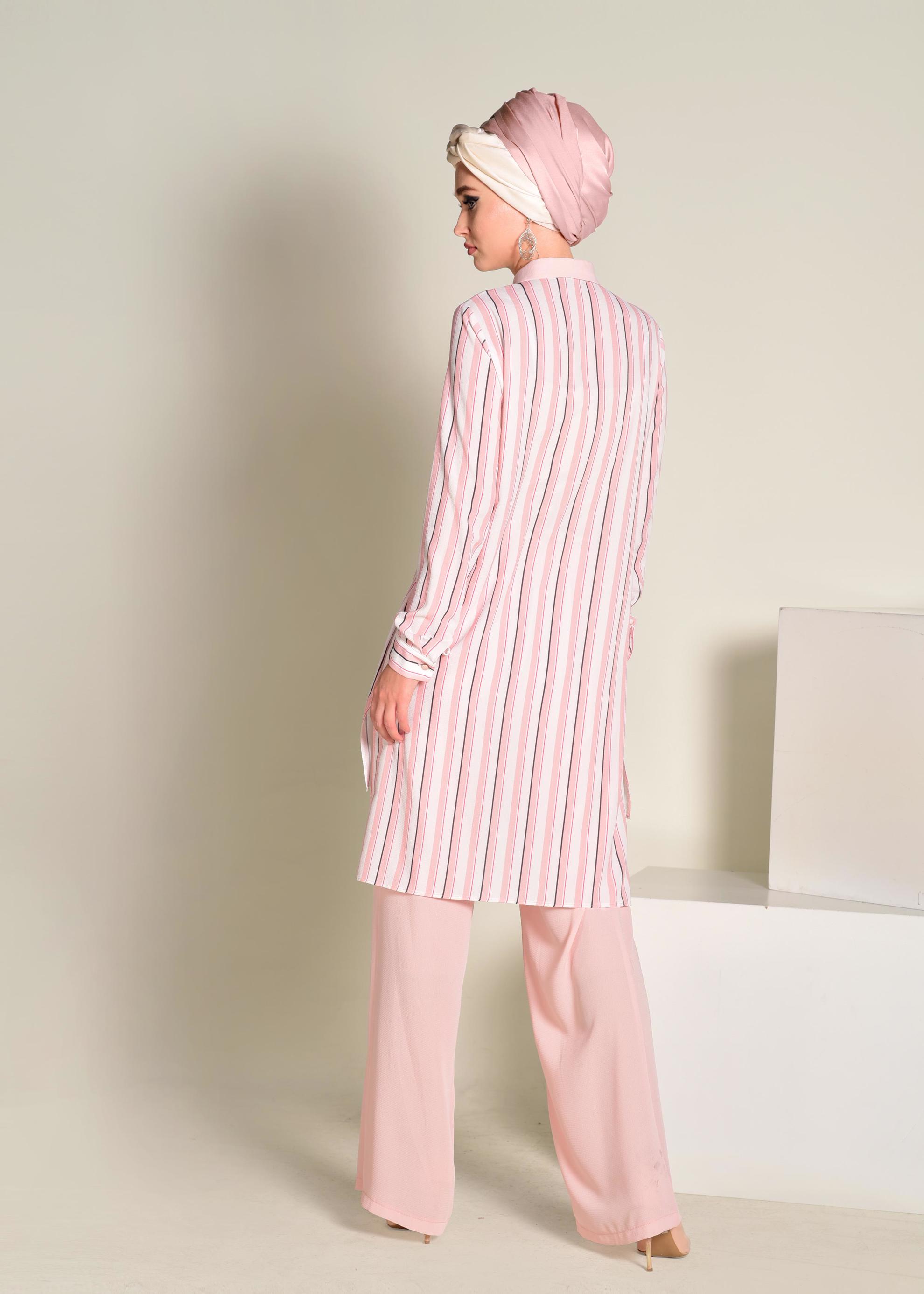 Tesettür giyim PUDRA CEBİ PUL PAYETLİ ÇİZGİLİ PANTOLONLU TAKIM 4354