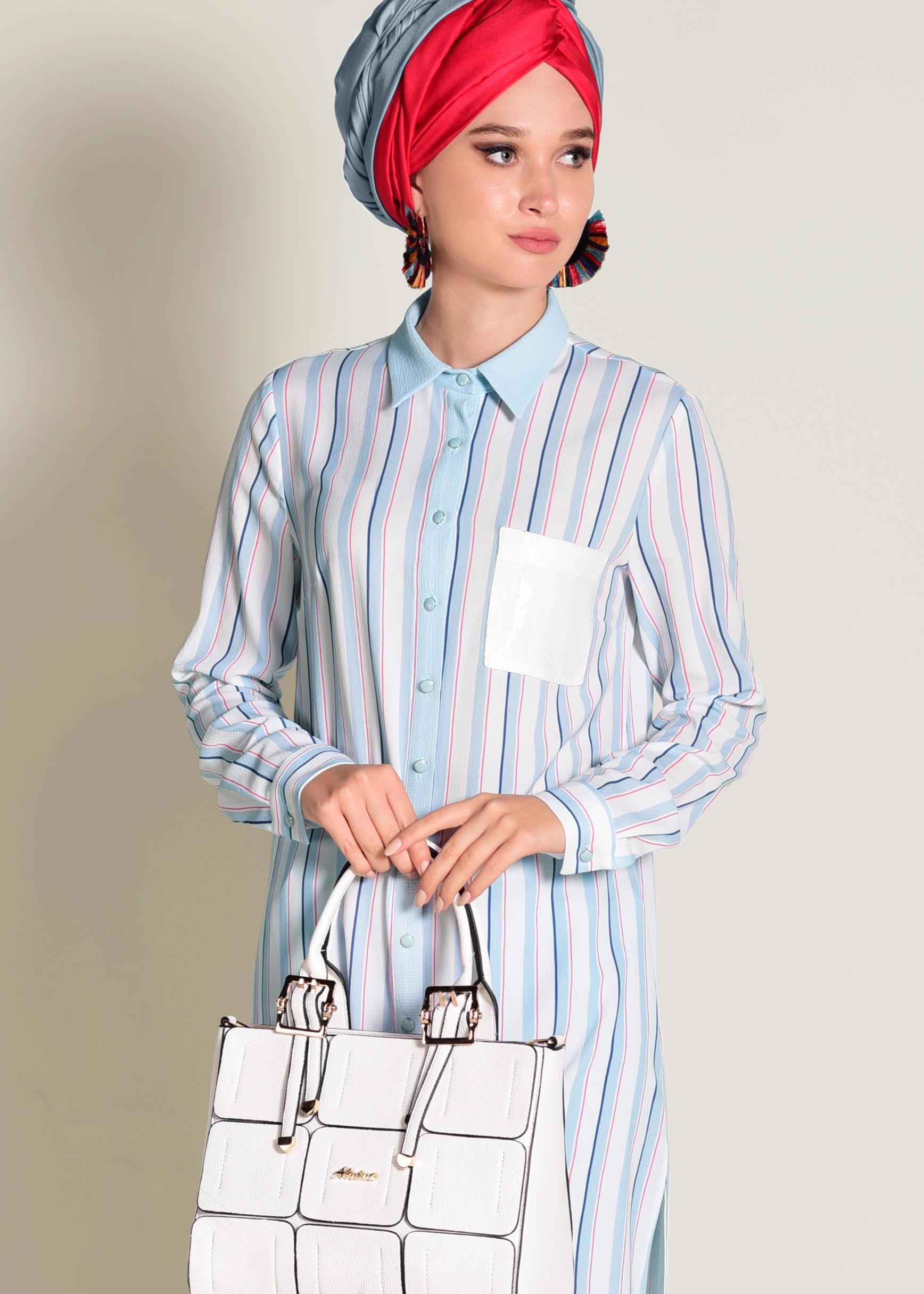 Tesettür giyim MAVİ CEBİ PUL PAYETLİ ÇİZGİLİ PANTOLONLU TAKIM 4354