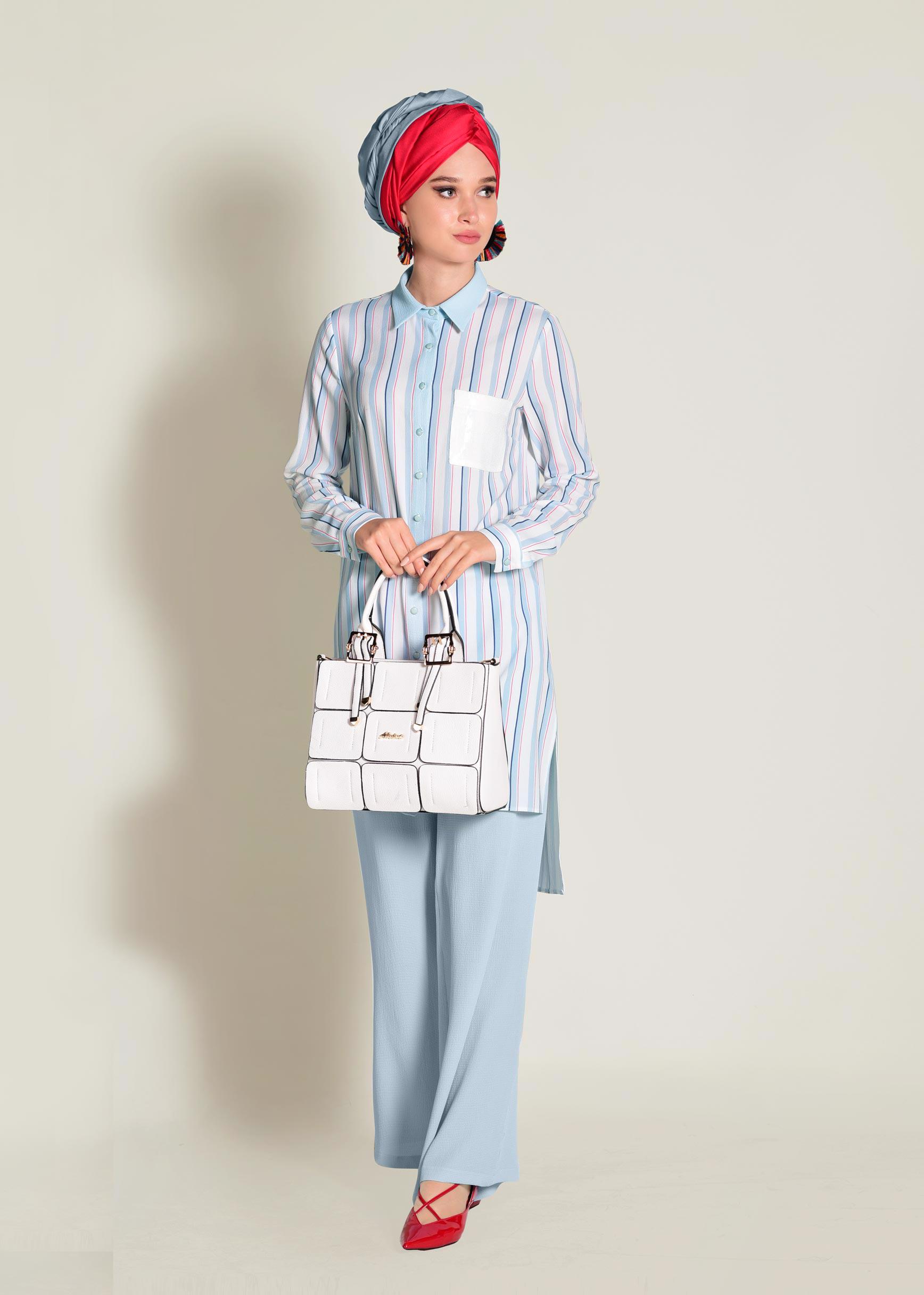 Tesettür giyim MAVİ CEBİ PUL PAYETLİ ÇİZGİLİ PANTOLONLU TAKIM 4354