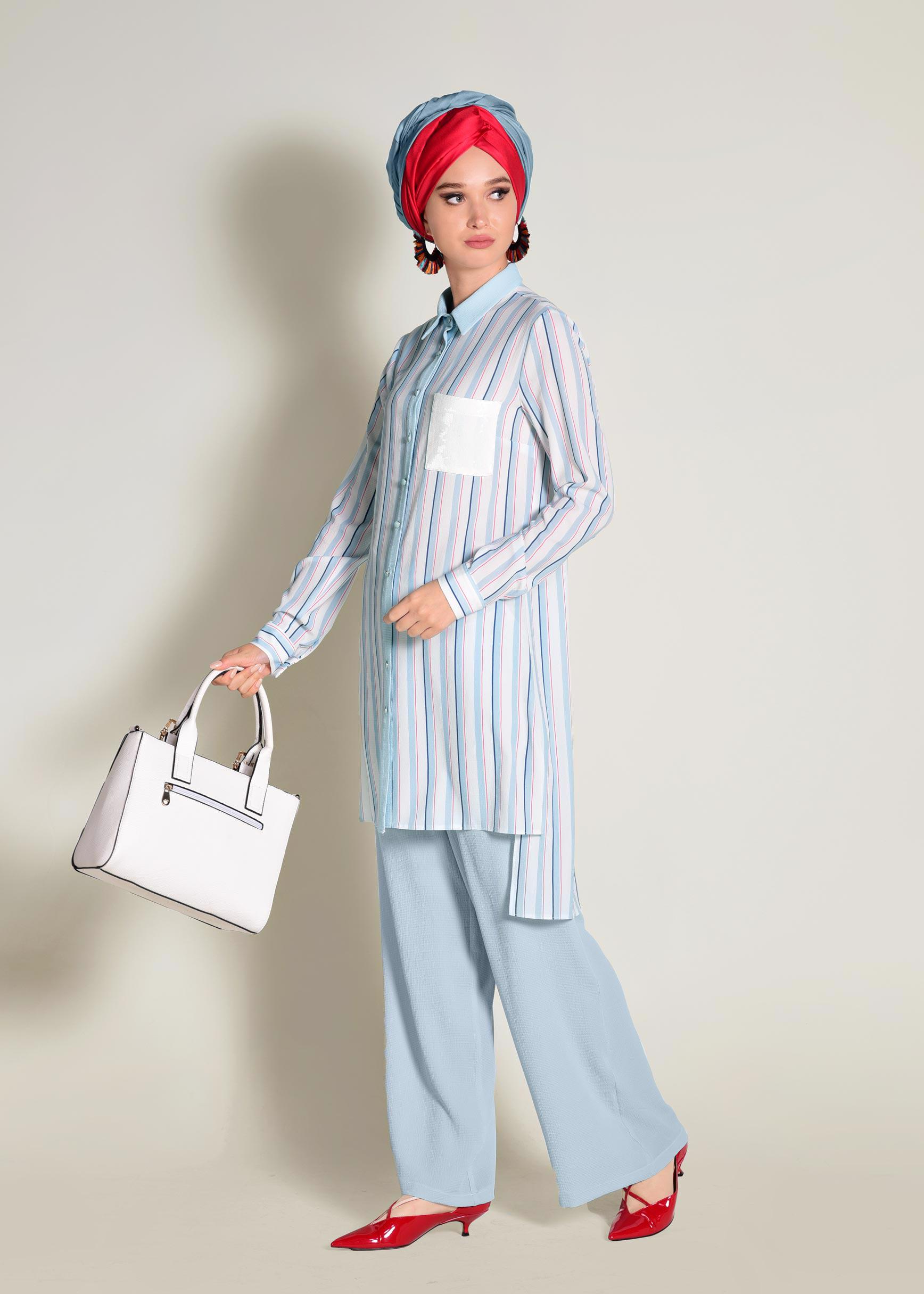 Tesettür giyim MAVİ CEBİ PUL PAYETLİ ÇİZGİLİ PANTOLONLU TAKIM 4354