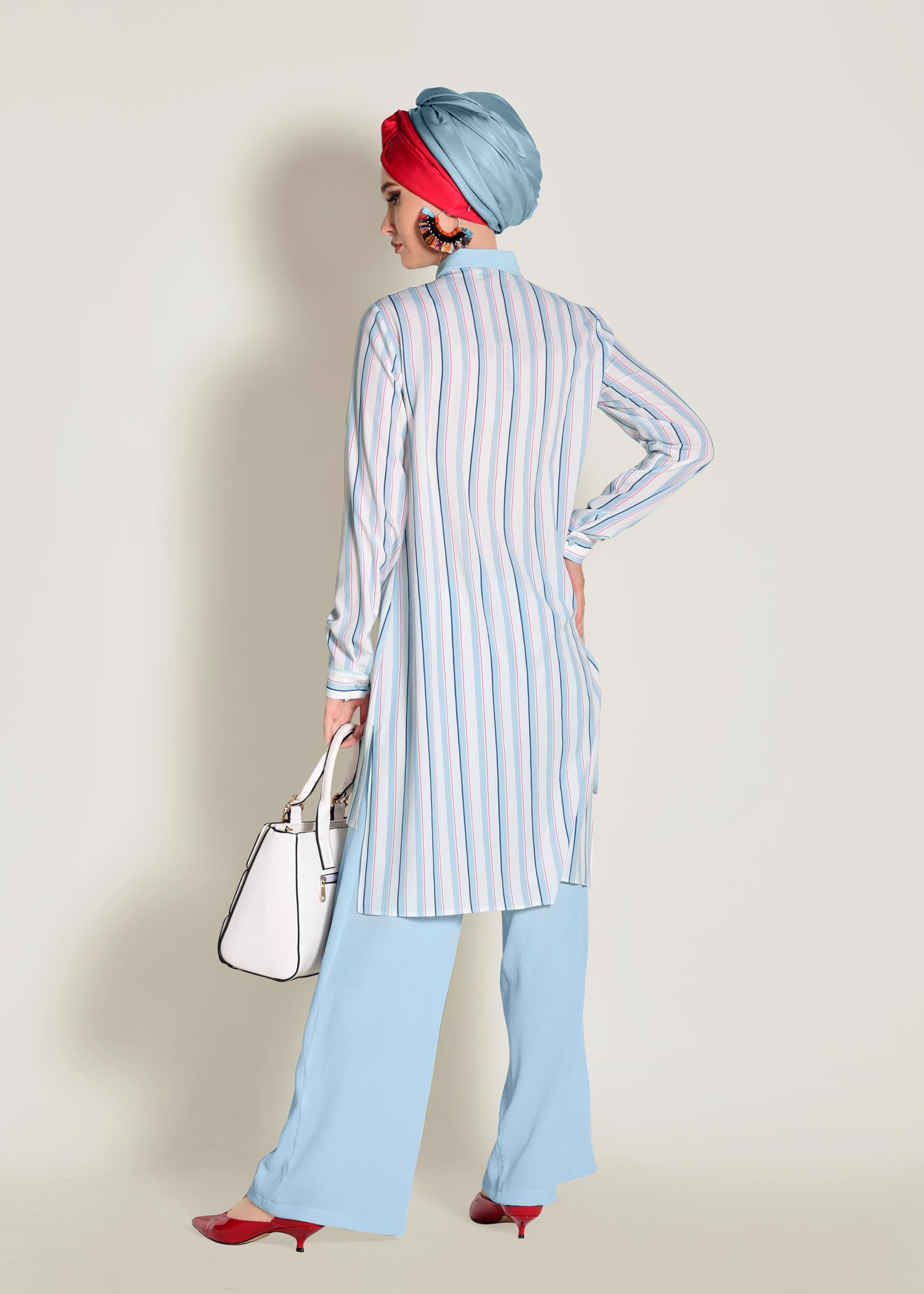 Tesettür giyim MAVİ CEBİ PUL PAYETLİ ÇİZGİLİ PANTOLONLU TAKIM 4354