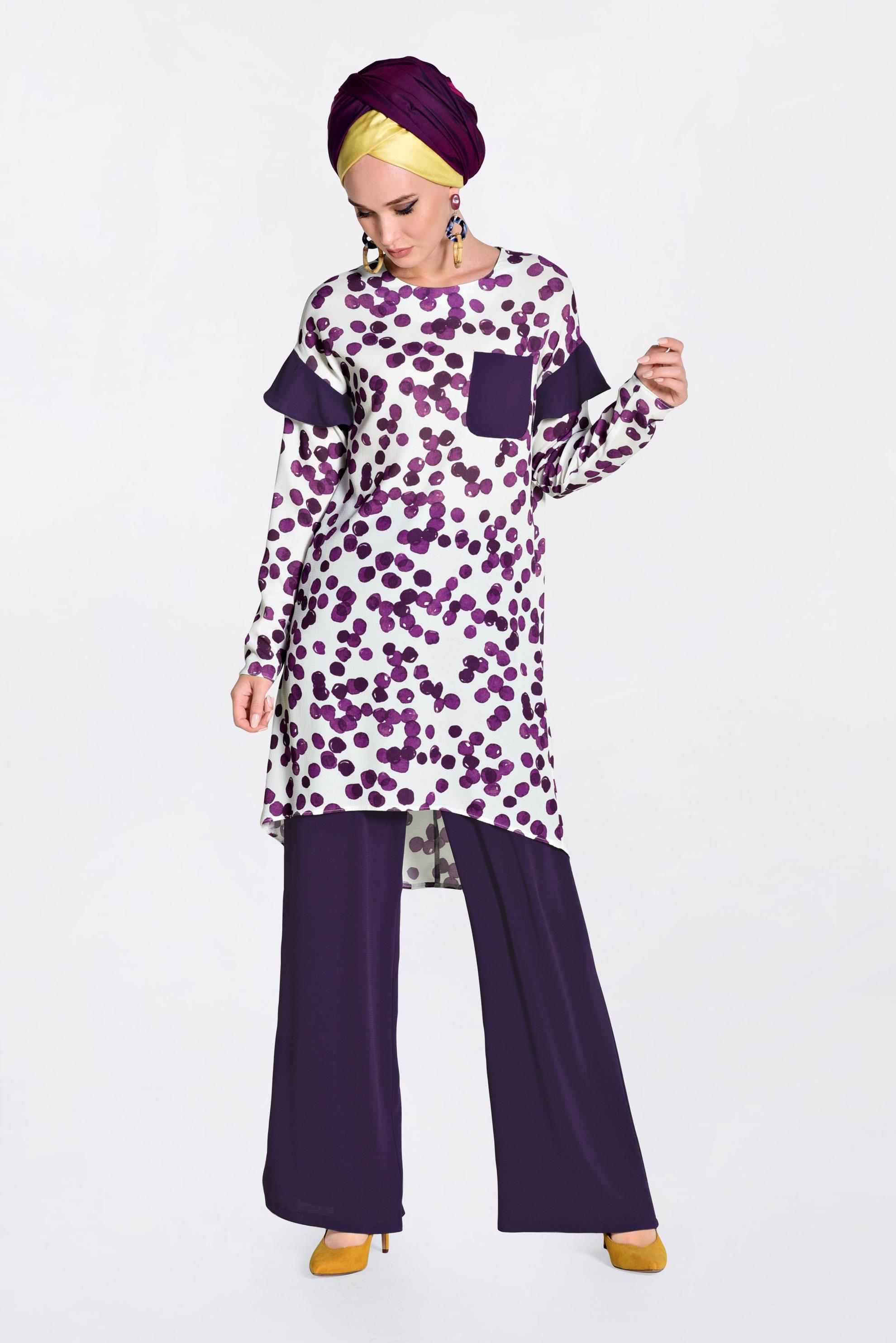 Tesettür giyim MOR DESENLİ 2&prime;Lİ PANTOLONLU TAKIM 4373