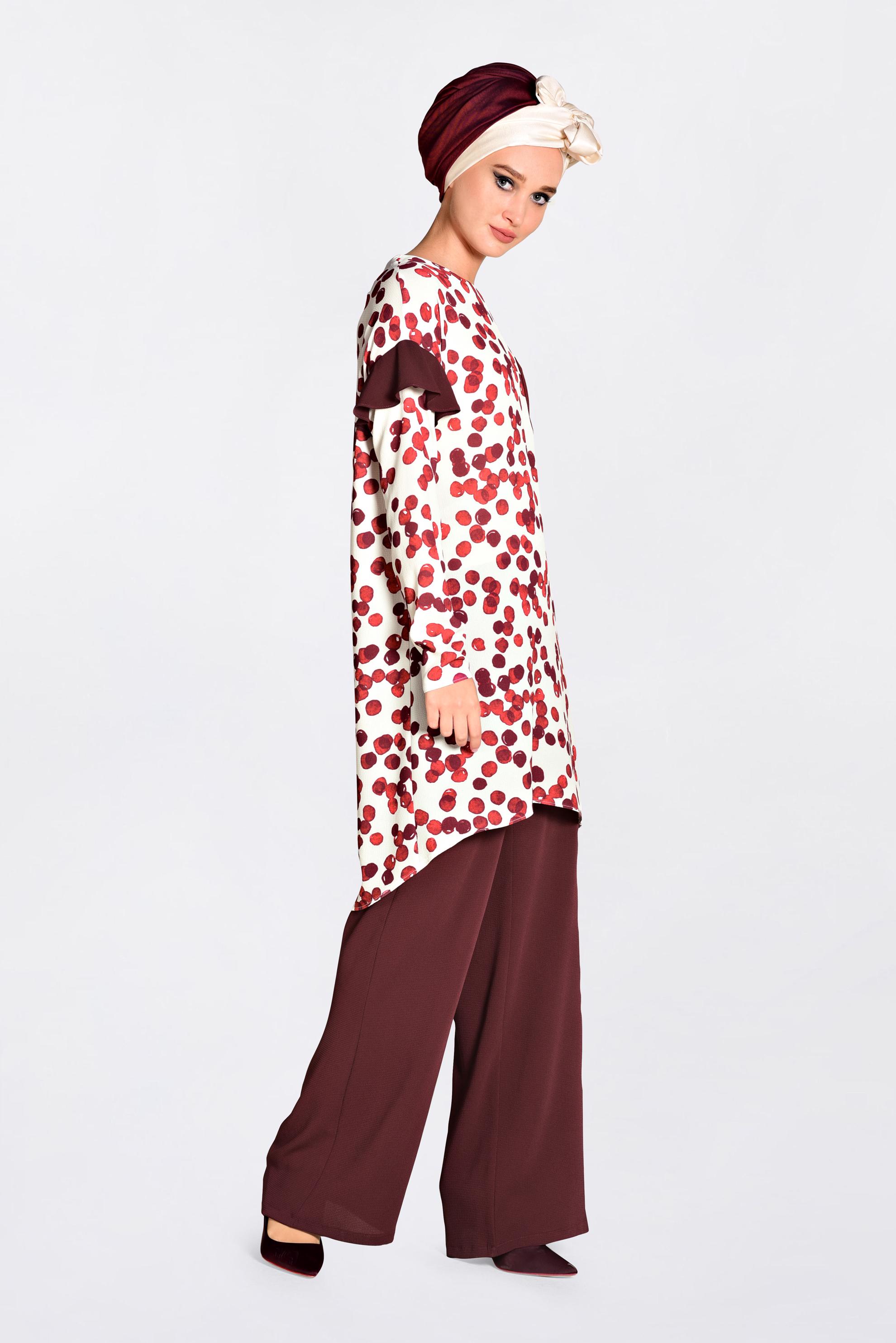 Tesettür giyim BORDO DESENLİ 2&prime;Lİ PANTOLONLU TAKIM 4373