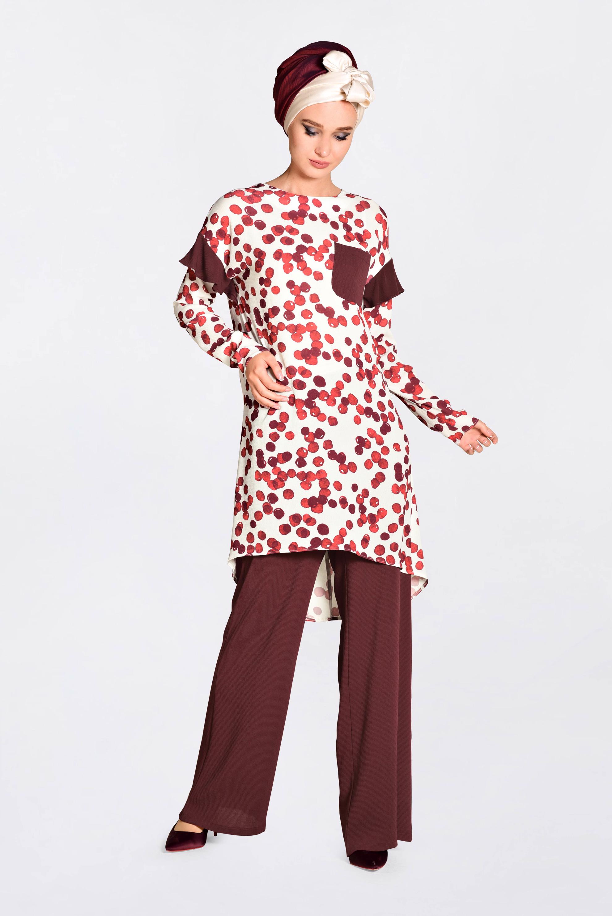 Tesettür giyim BORDO DESENLİ 2&prime;Lİ PANTOLONLU TAKIM 4373