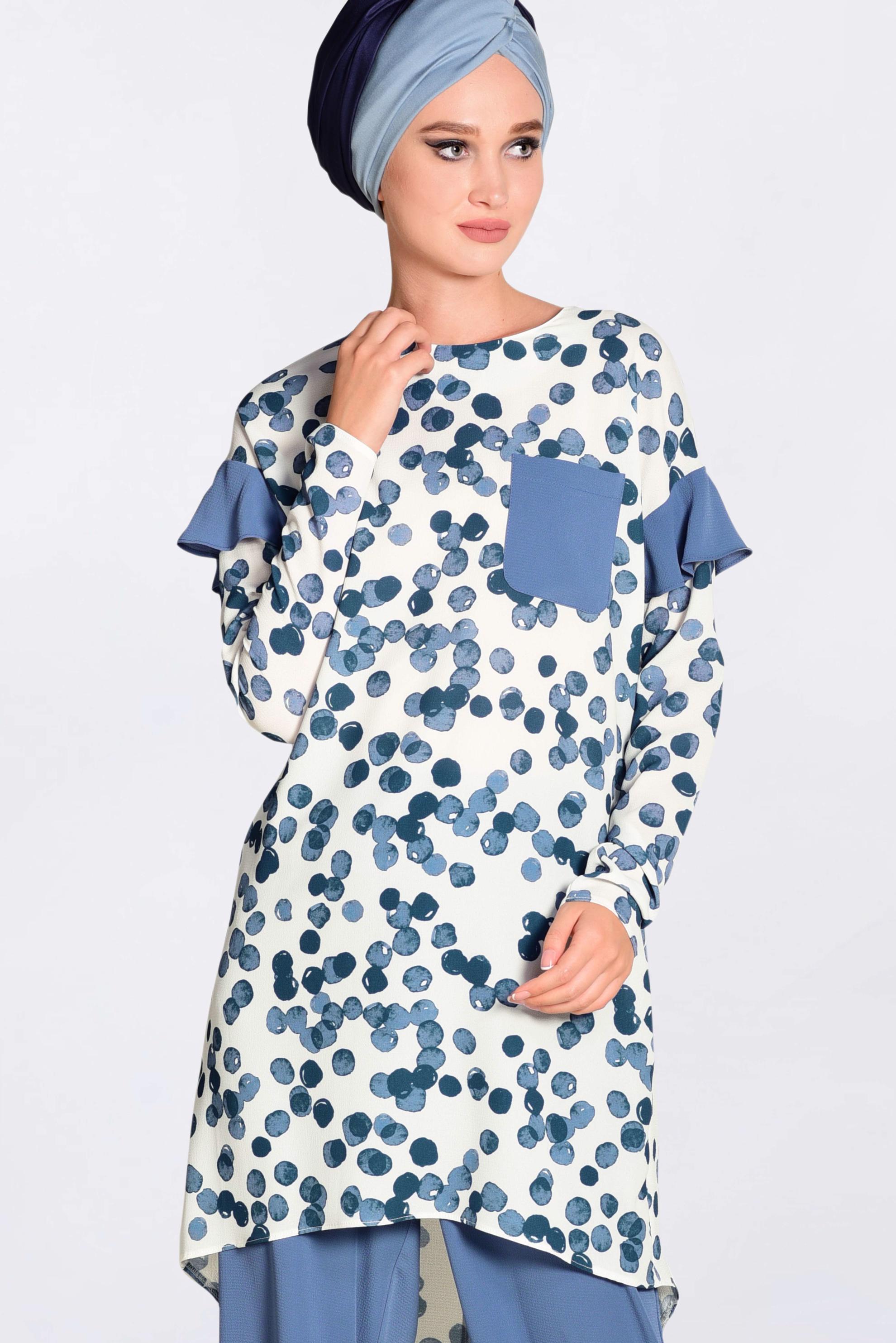 Tesettür giyim LACİVERT DESENLİ 2&prime;Lİ PANTOLONLU TAKIM 4373