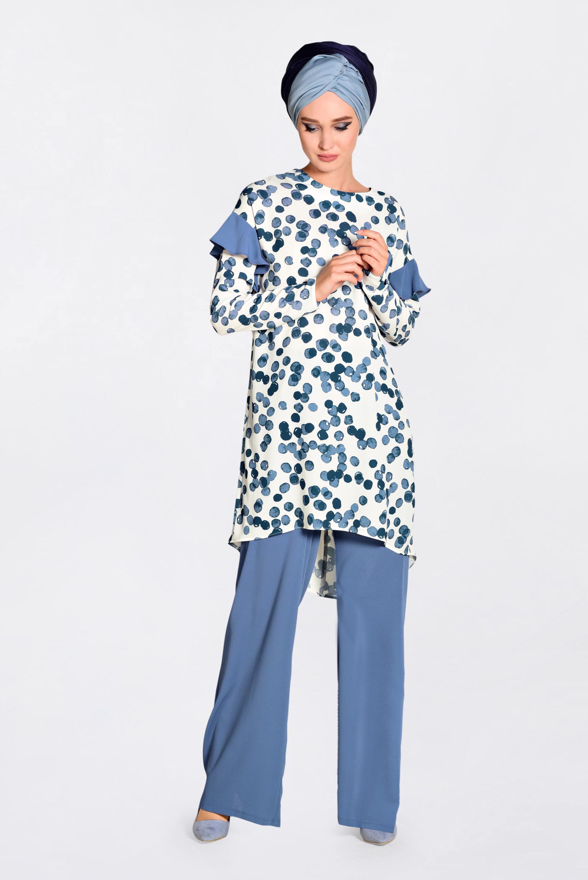 Tesettür giyim LACİVERT DESENLİ 2&prime;Lİ PANTOLONLU TAKIM 4373