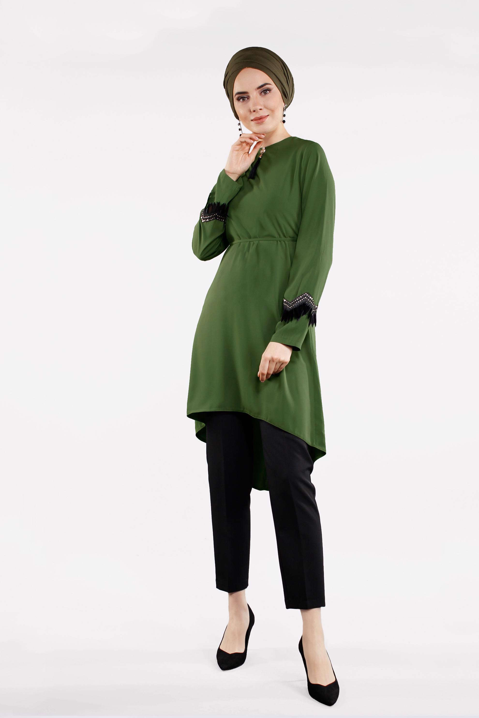 Tesettür giyim HAKİ BELDEN BAĞCIKLI KOL DETAYLI İKİLİ TAKIM  4497 