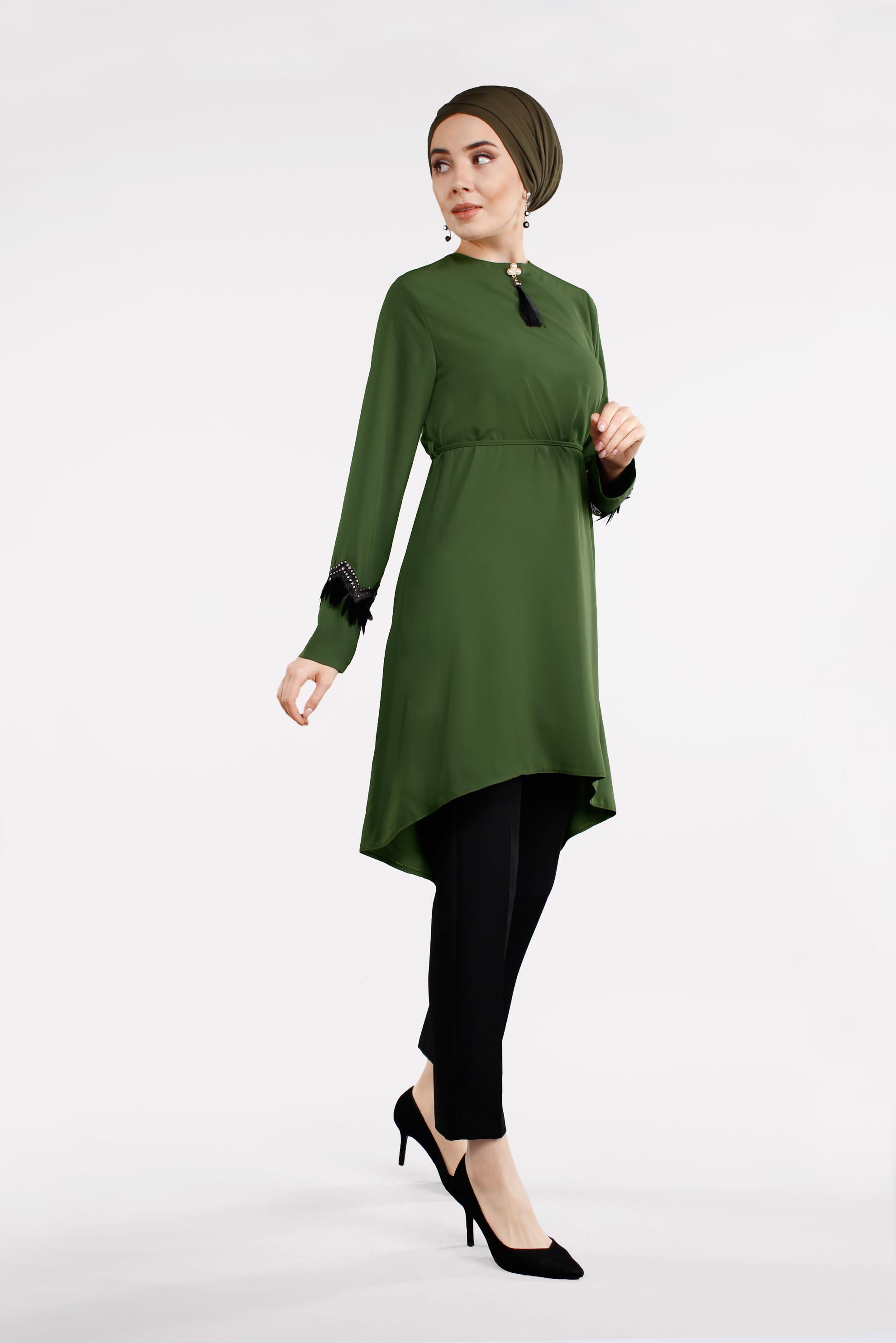 Tesettür giyim HAKİ BELDEN BAĞCIKLI KOL DETAYLI İKİLİ TAKIM  4497 