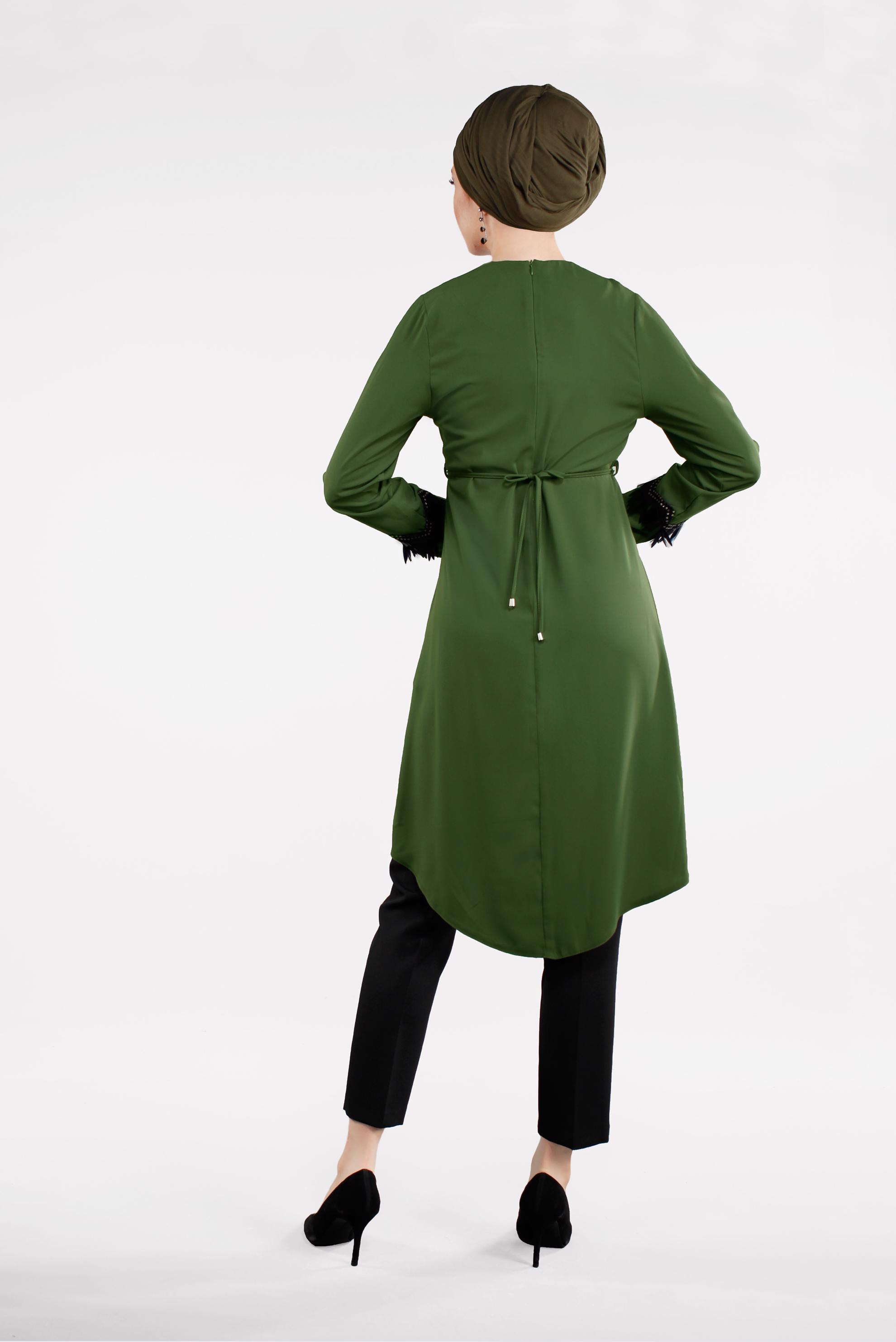 Tesettür giyim HAKİ BELDEN BAĞCIKLI KOL DETAYLI İKİLİ TAKIM  4497 