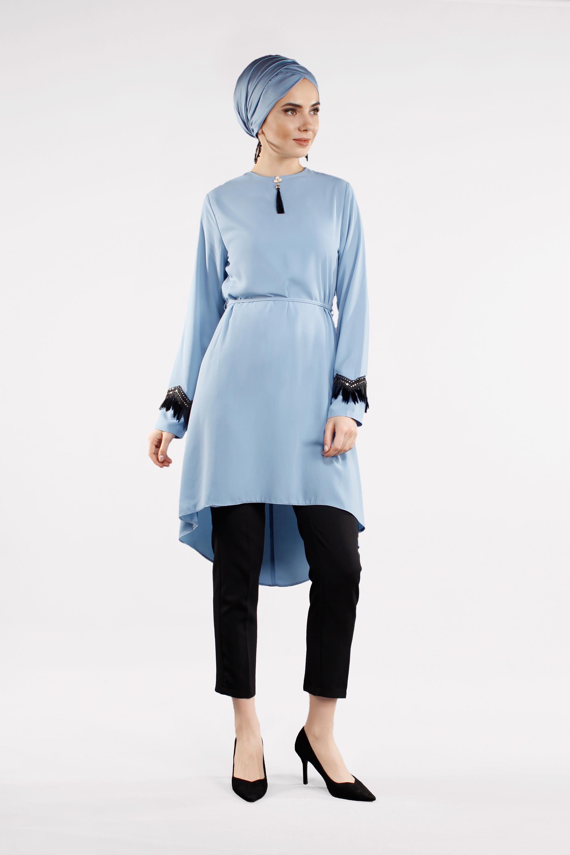 Tesettür giyim MAVİ BELDEN BAĞCIKLI KOL DETAYLI İKİLİ TAKIM  4497 