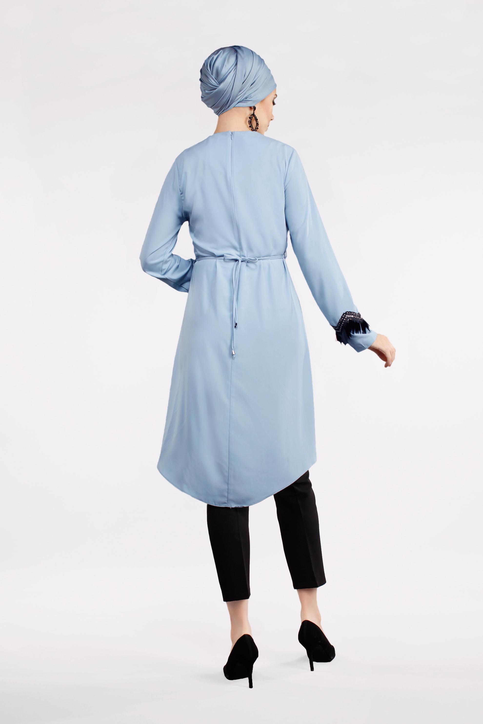 Tesettür giyim MAVİ BELDEN BAĞCIKLI KOL DETAYLI İKİLİ TAKIM  4497 