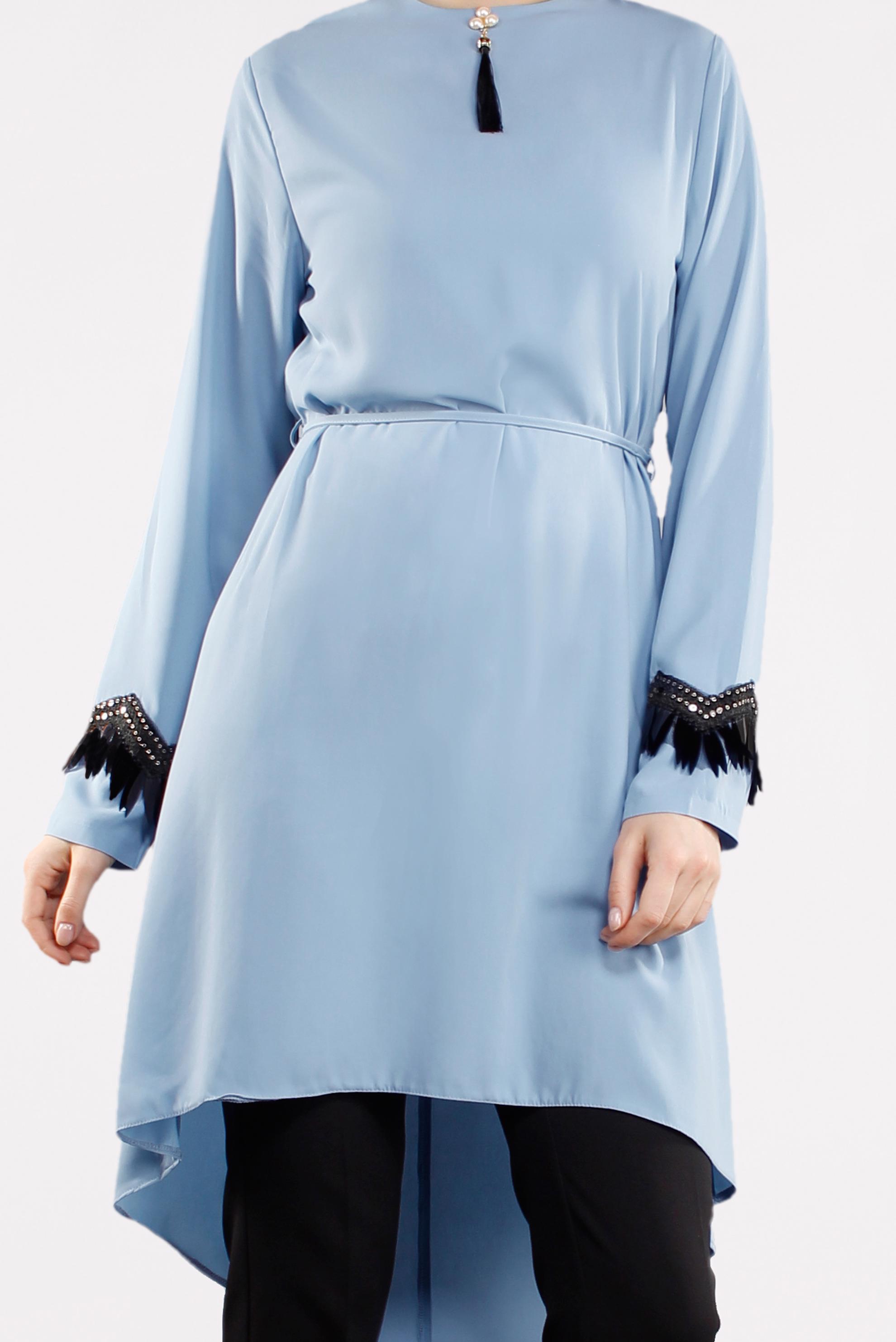 Tesettür giyim MAVİ BELDEN BAĞCIKLI KOL DETAYLI İKİLİ TAKIM  4497 