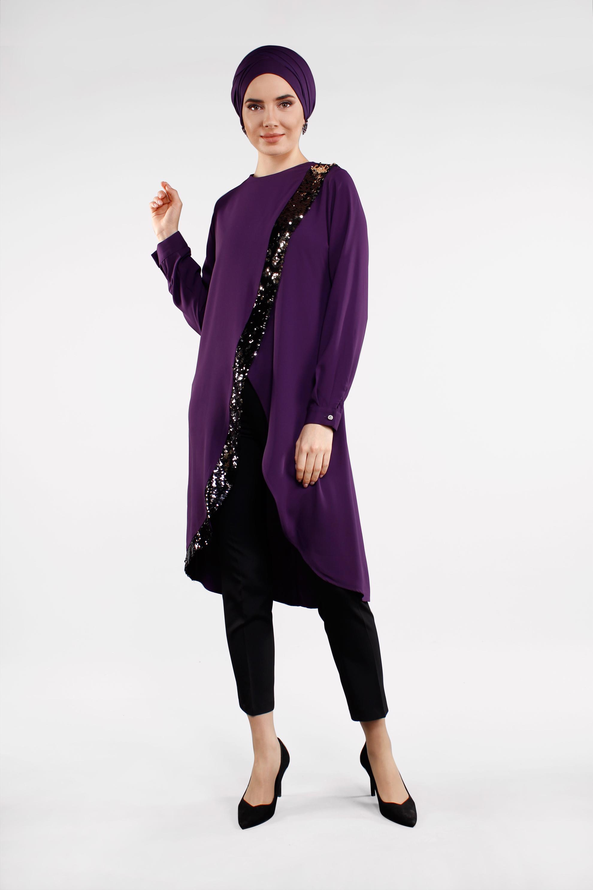 Tesettür giyim MOR PUL PAYET DETAYLI ASİMETRİK KESİM PANTOLONLU TAKIM 4503 