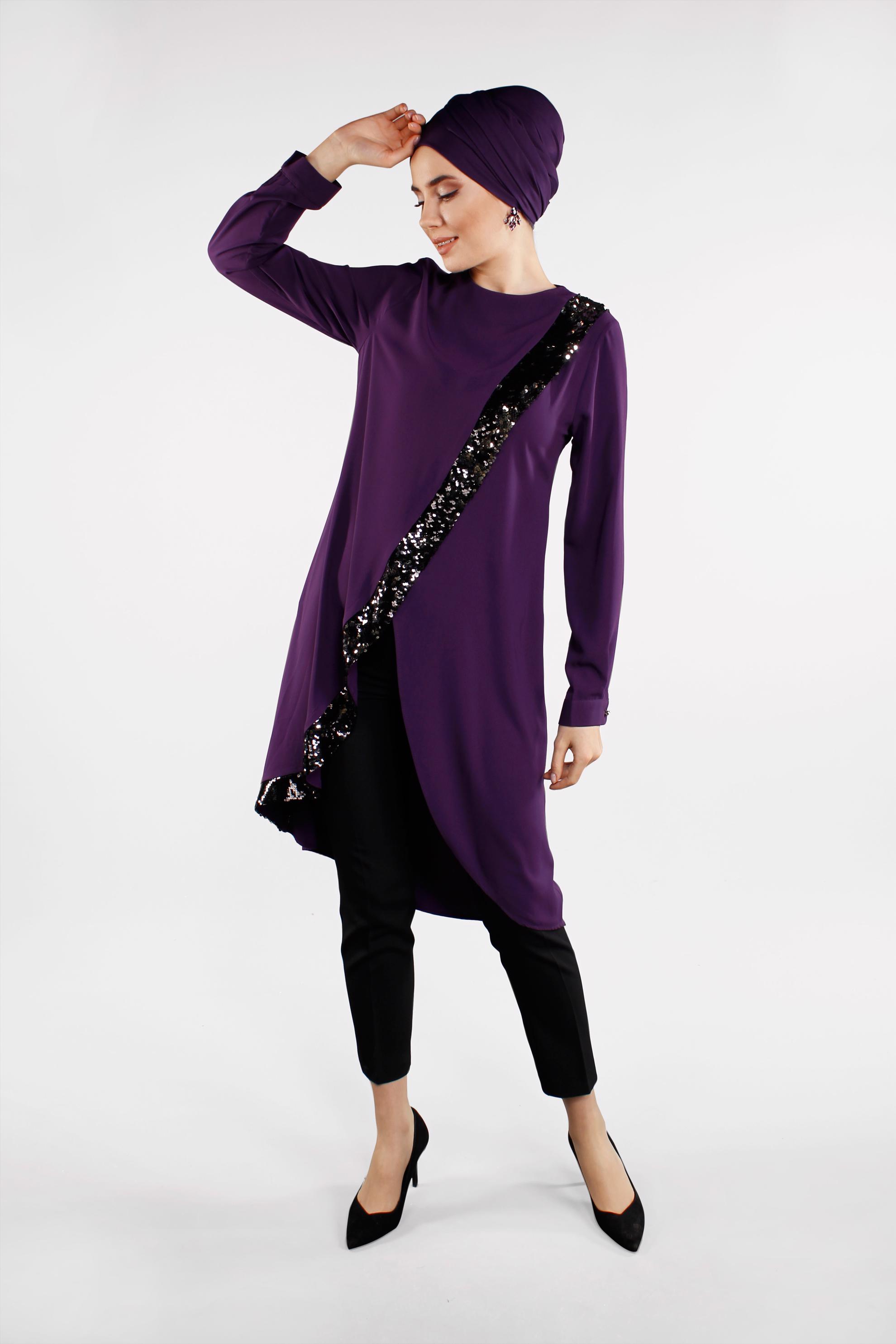 Tesettür giyim MOR PUL PAYET DETAYLI ASİMETRİK KESİM PANTOLONLU TAKIM 4503 