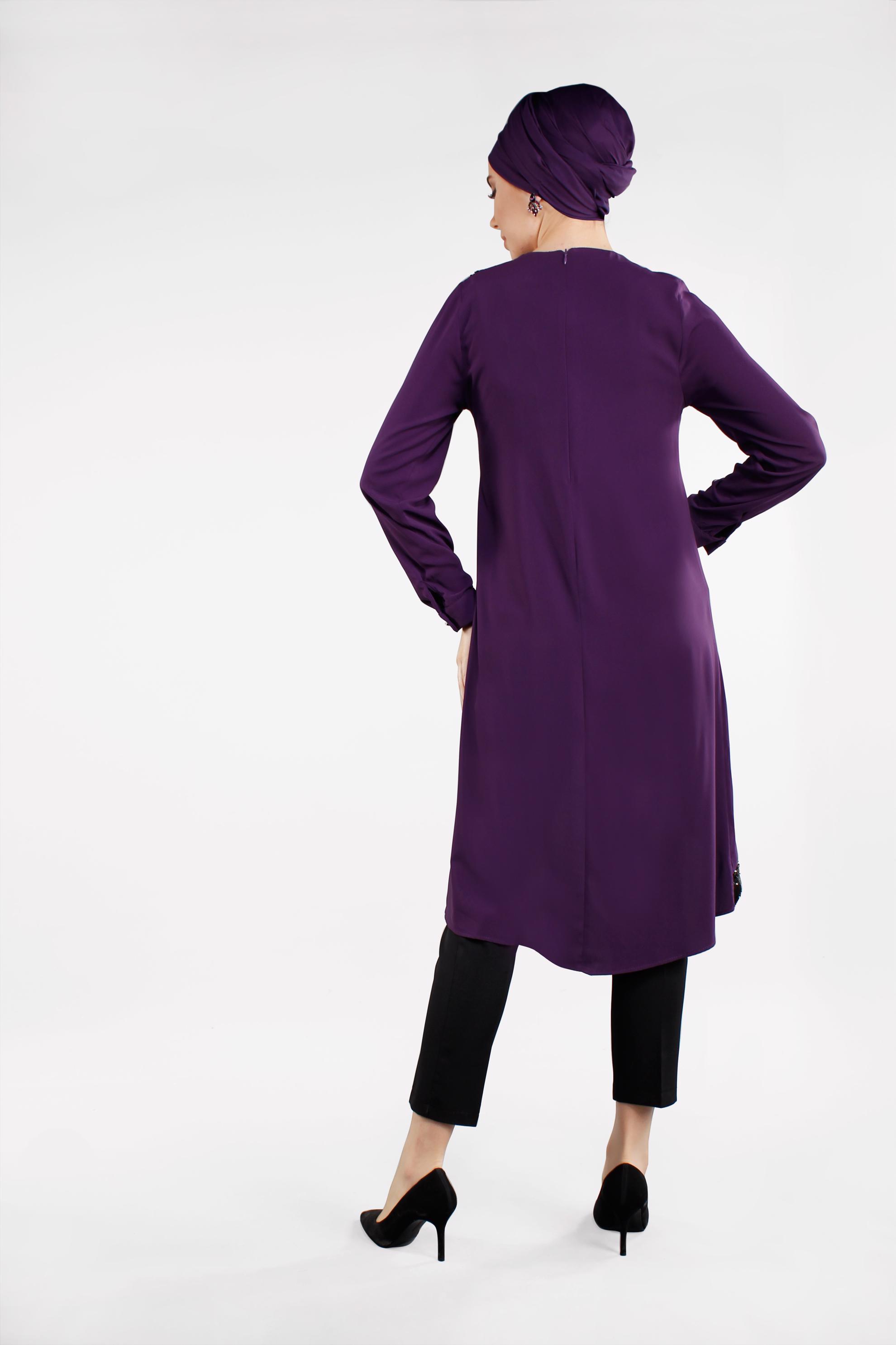 Tesettür giyim MOR PUL PAYET DETAYLI ASİMETRİK KESİM PANTOLONLU TAKIM 4503 