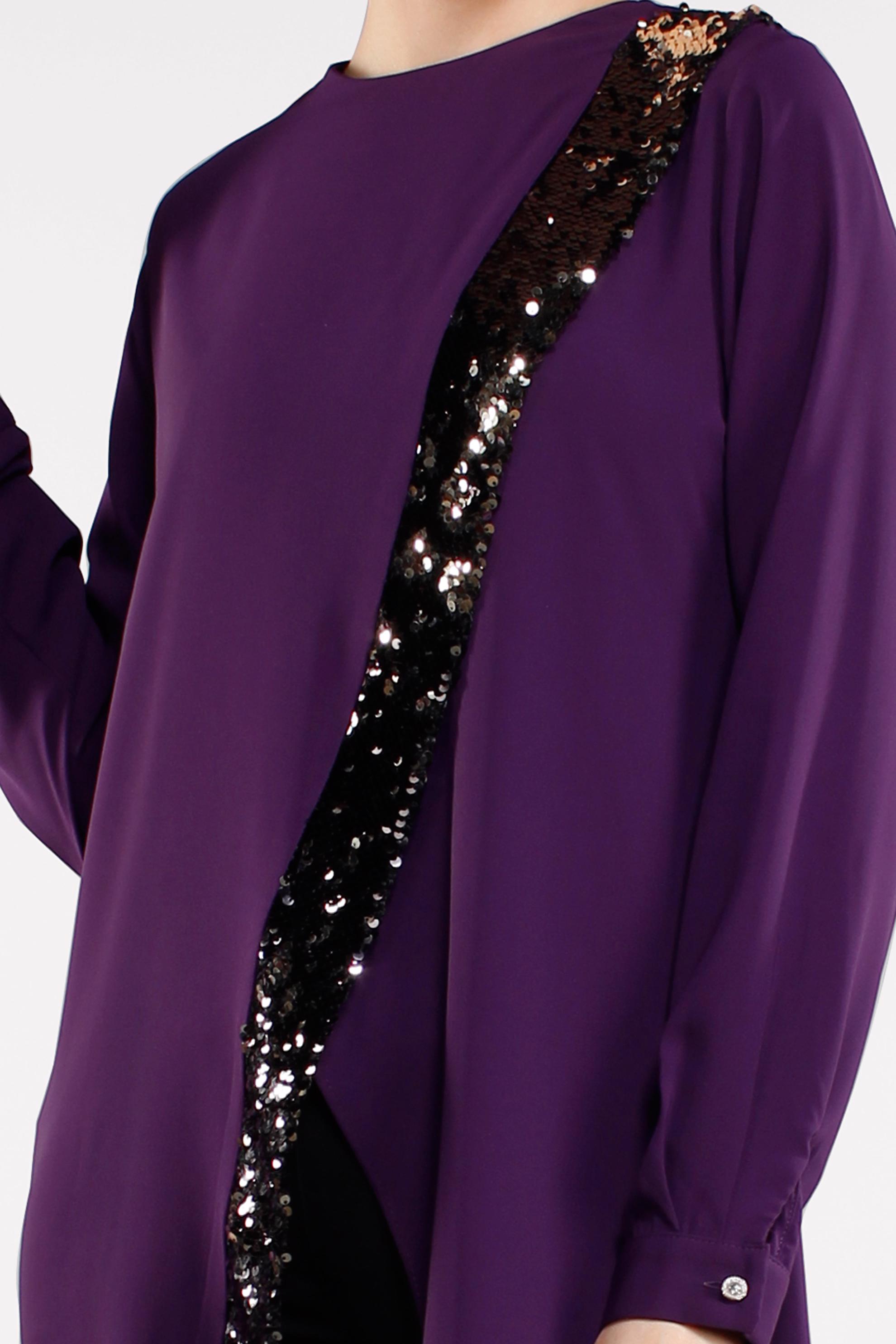 Tesettür giyim MOR PUL PAYET DETAYLI ASİMETRİK KESİM PANTOLONLU TAKIM 4503 