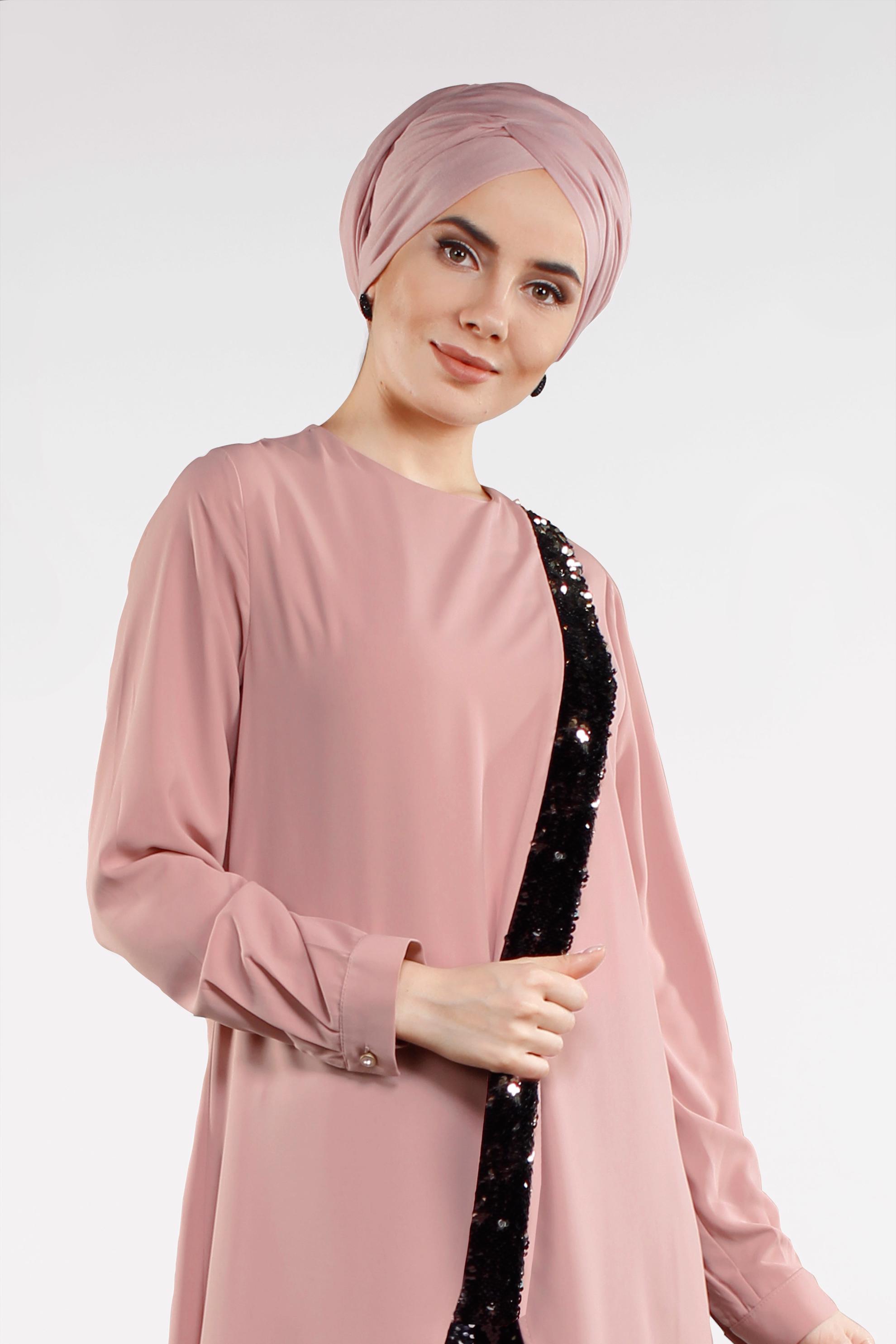 Tesettür giyim PEMBE PUL PAYET DETAYLI ASİMETRİK KESİM PANTOLONLU TAKIM 4503 