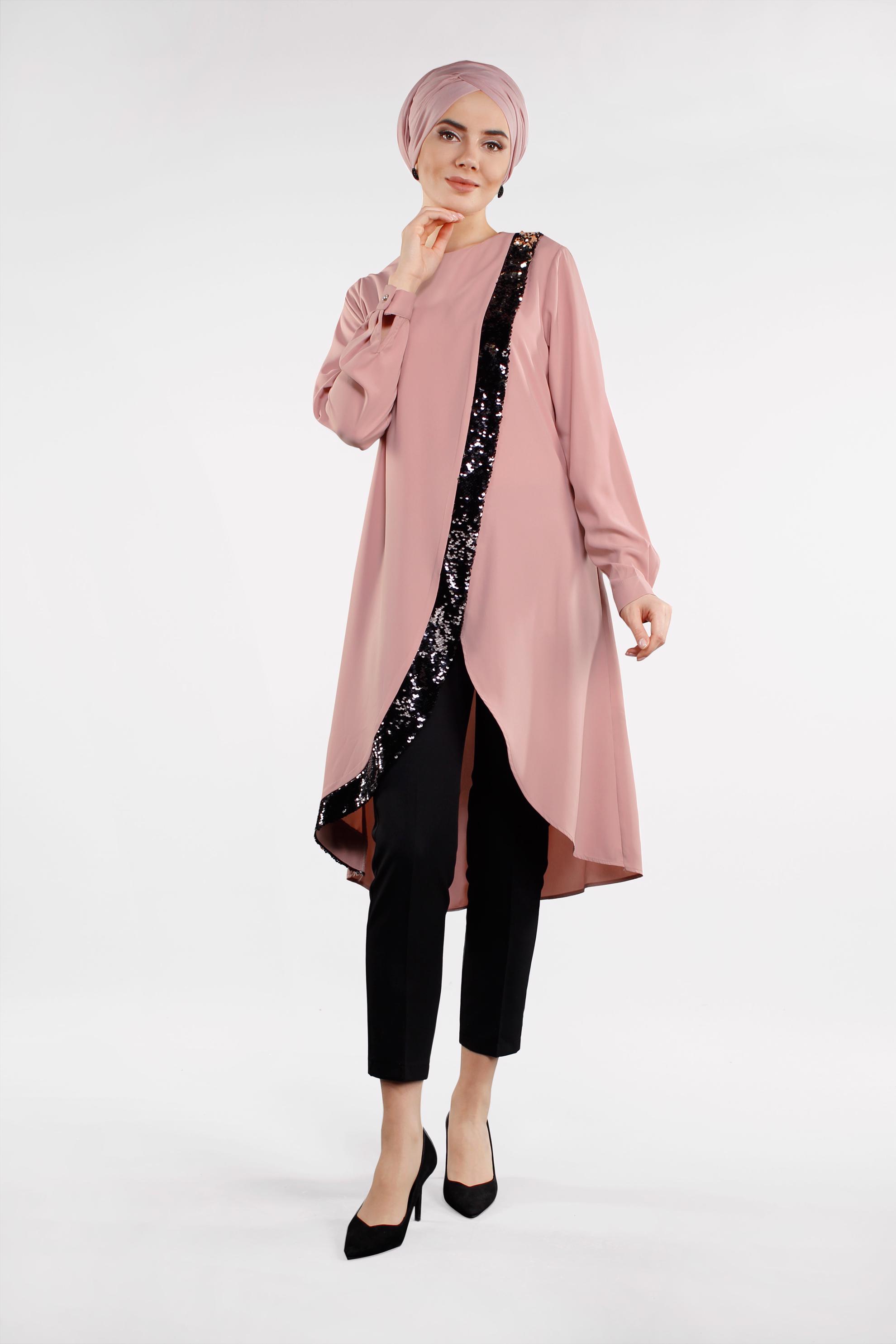 Tesettür giyim PEMBE PUL PAYET DETAYLI ASİMETRİK KESİM PANTOLONLU TAKIM 4503 