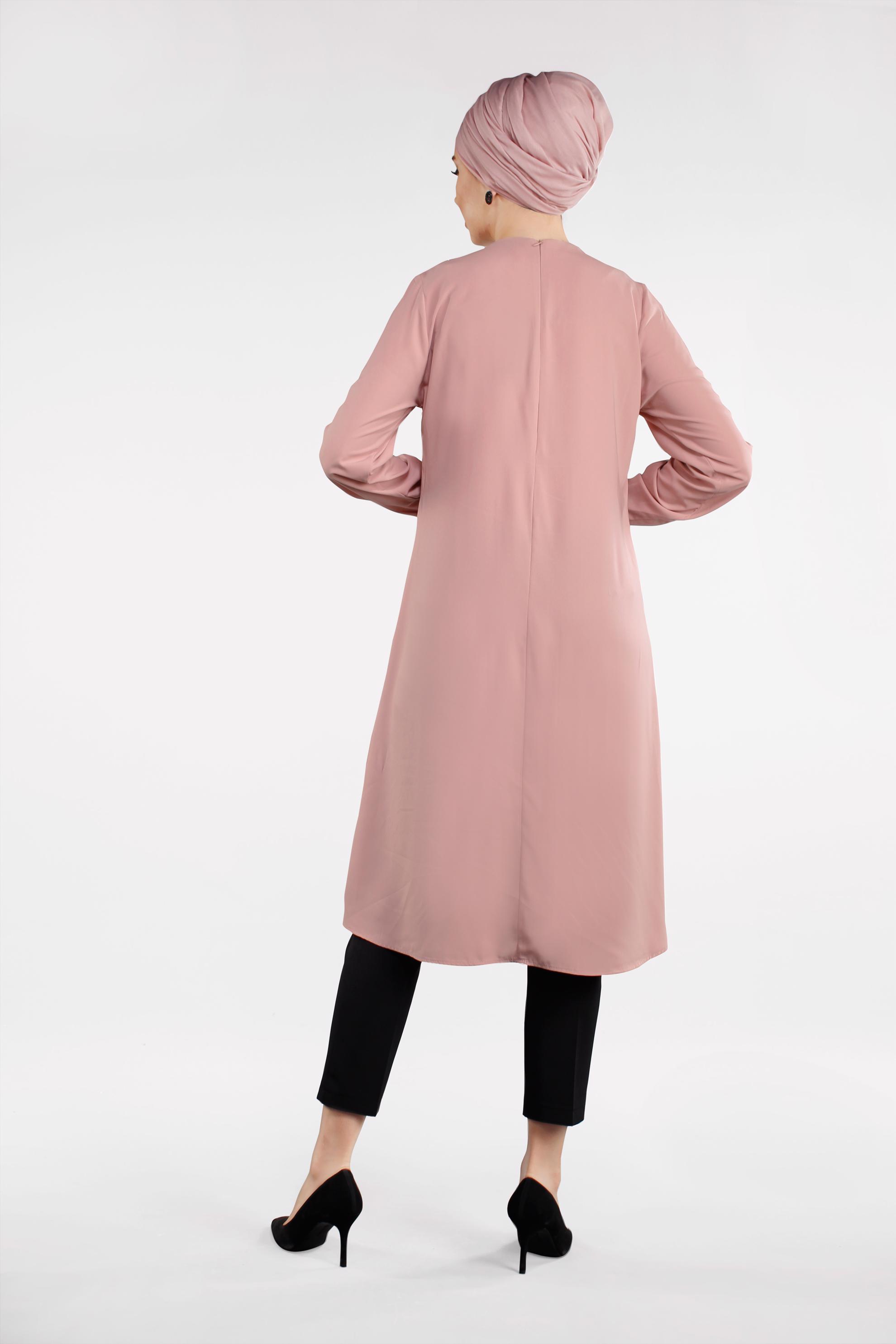 Tesettür giyim PEMBE PUL PAYET DETAYLI ASİMETRİK KESİM PANTOLONLU TAKIM 4503 