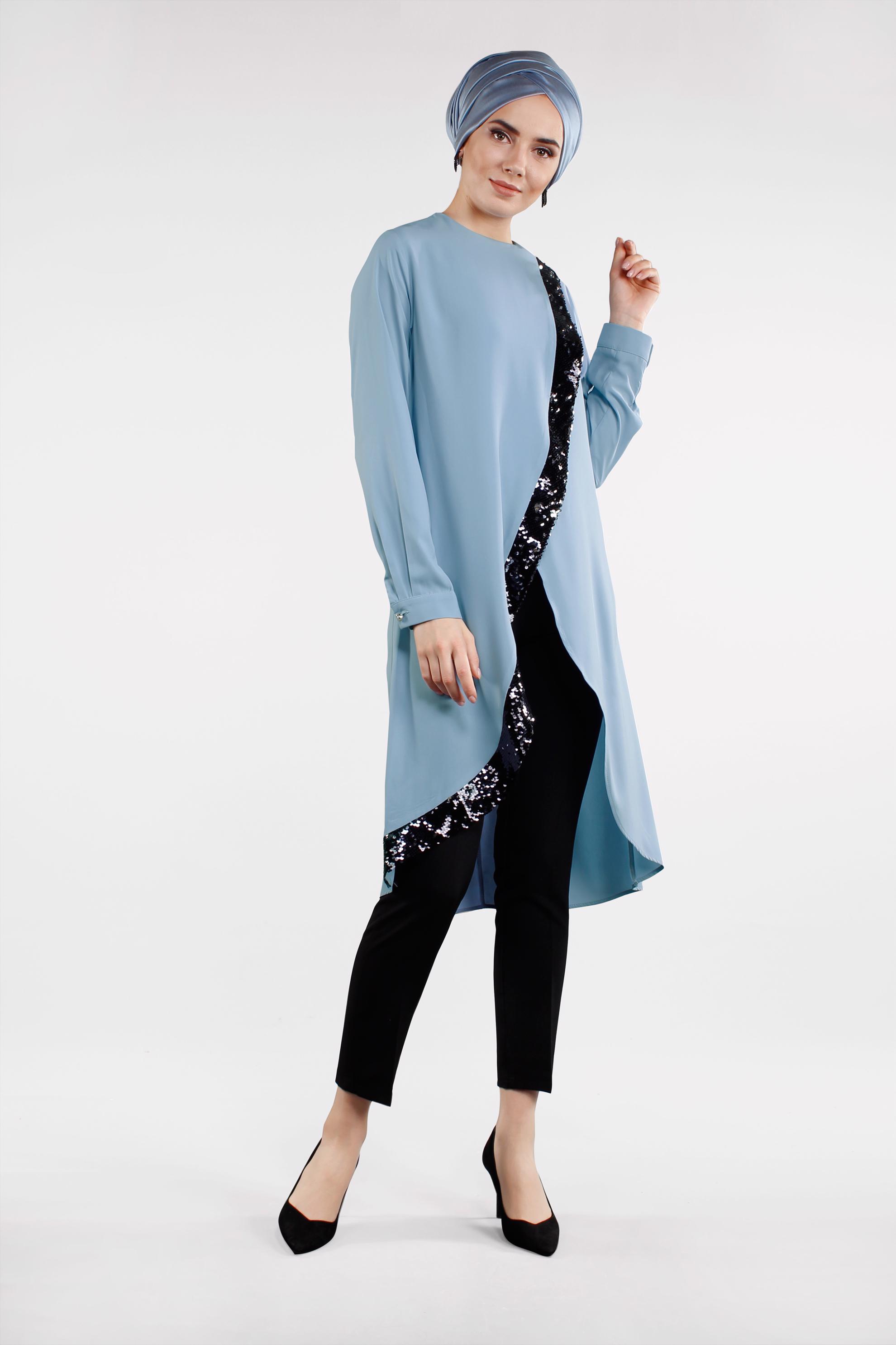Tesettür giyim MAVİ PUL PAYET DETAYLI ASİMETRİK KESİM PANTOLONLU TAKIM 4503 