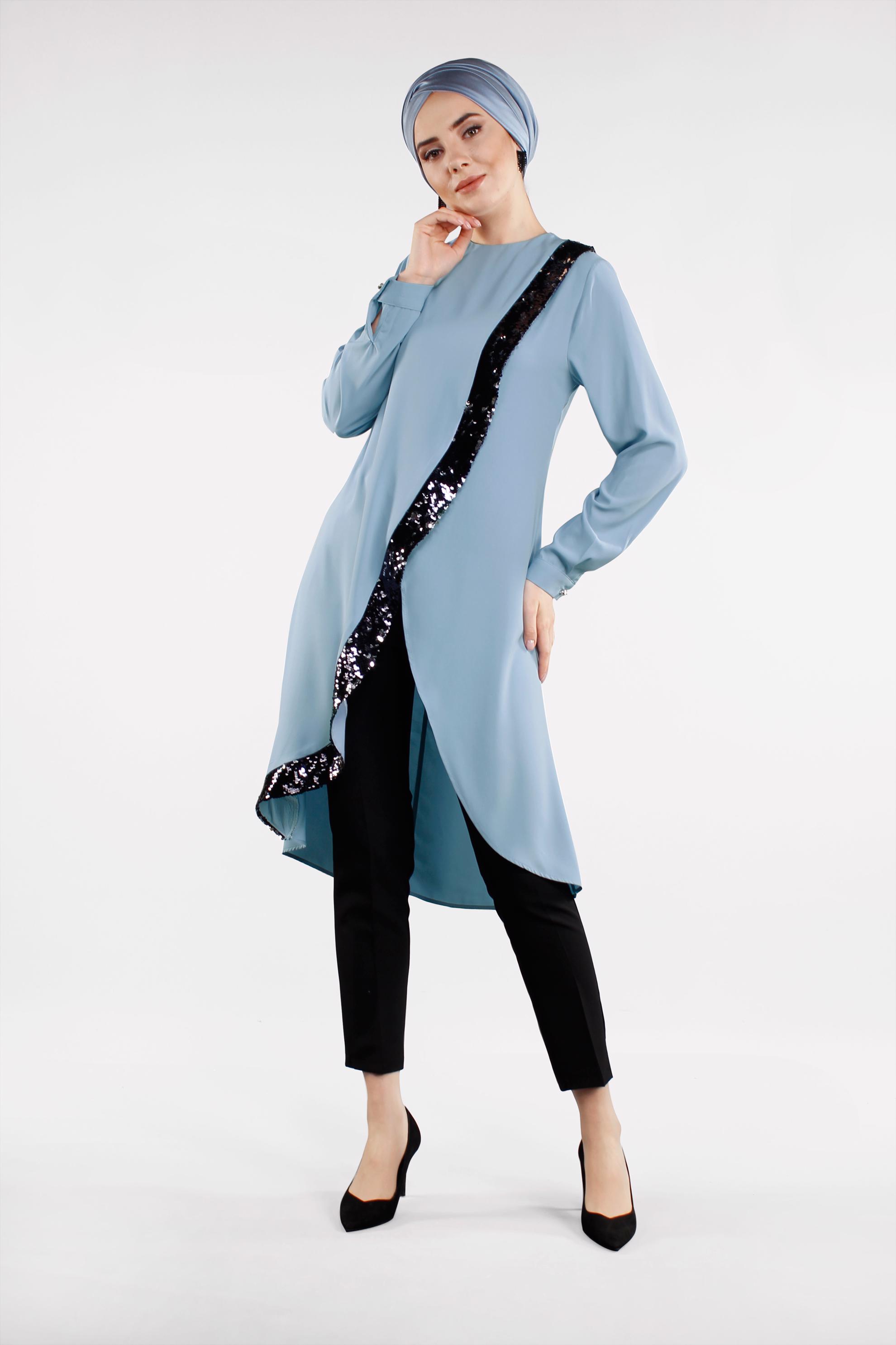 Tesettür giyim MAVİ PUL PAYET DETAYLI ASİMETRİK KESİM PANTOLONLU TAKIM 4503 