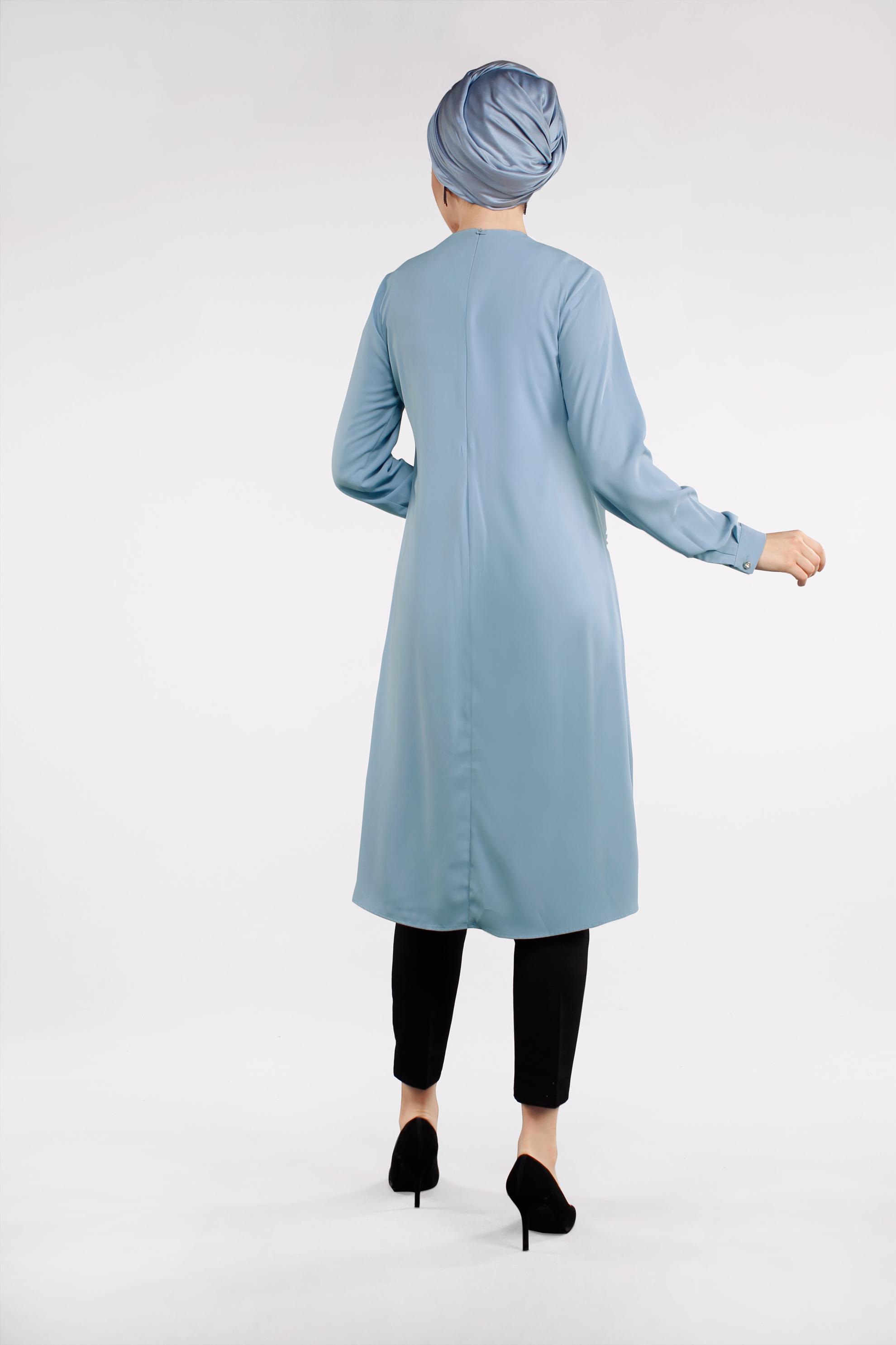 Tesettür giyim MAVİ PUL PAYET DETAYLI ASİMETRİK KESİM PANTOLONLU TAKIM 4503 