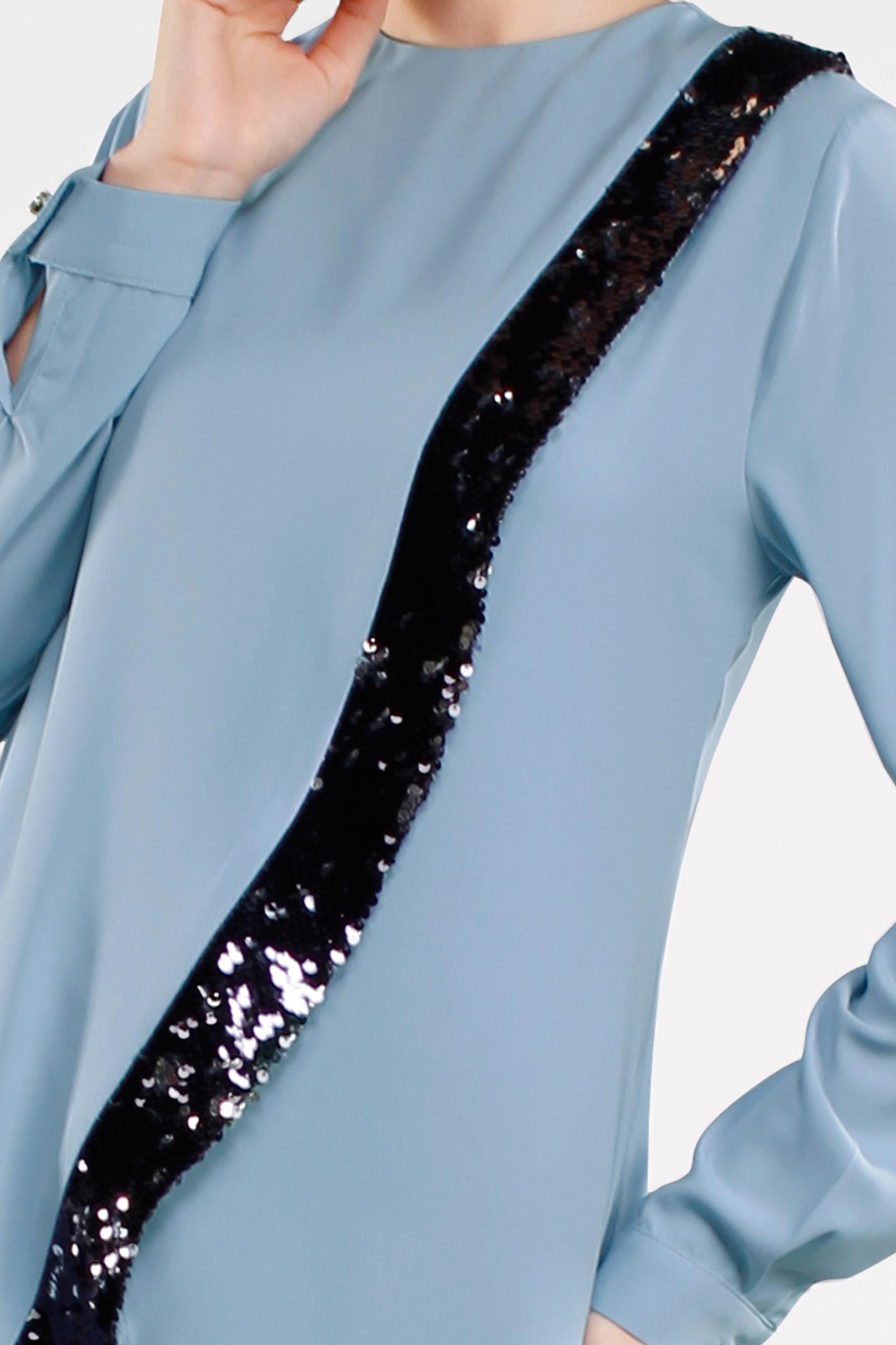 Tesettür giyim MAVİ PUL PAYET DETAYLI ASİMETRİK KESİM PANTOLONLU TAKIM 4503 